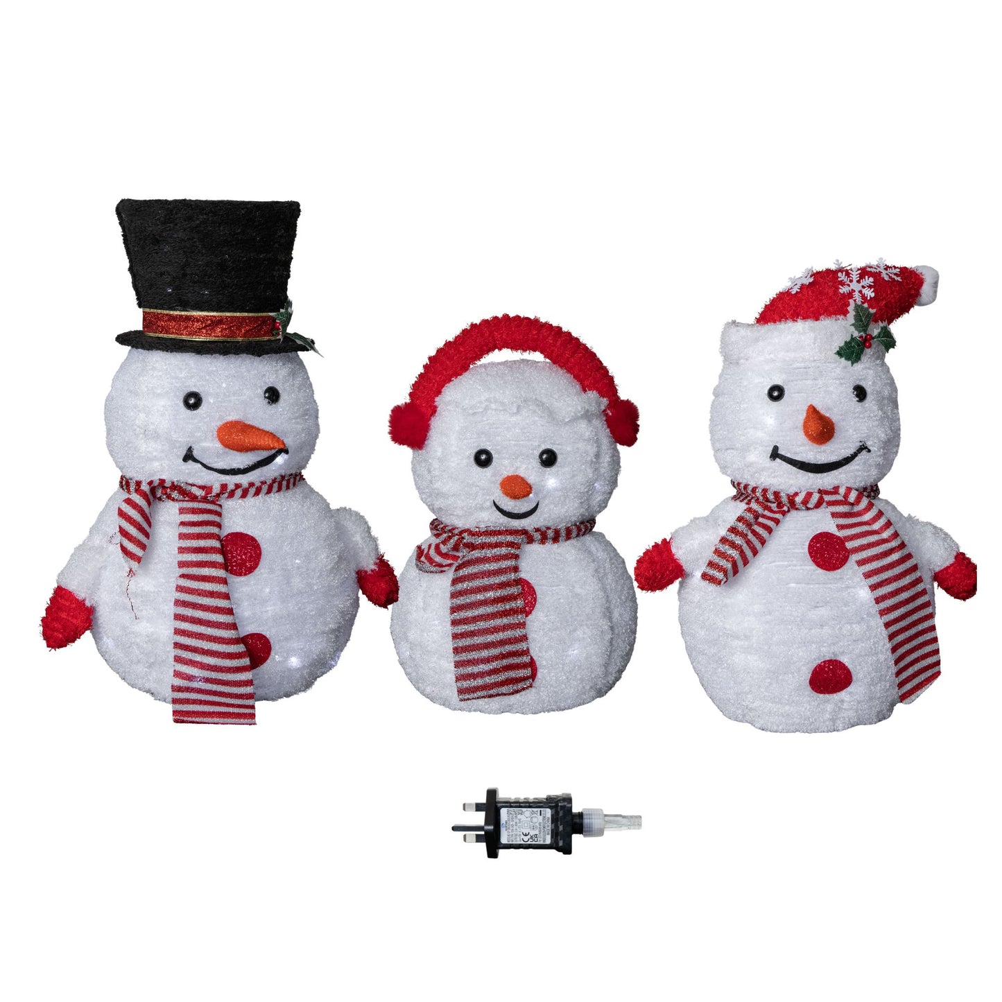 70cm Set of 3 Light up Foldable Cloth Christmas Snowmen with 130 White LEDs