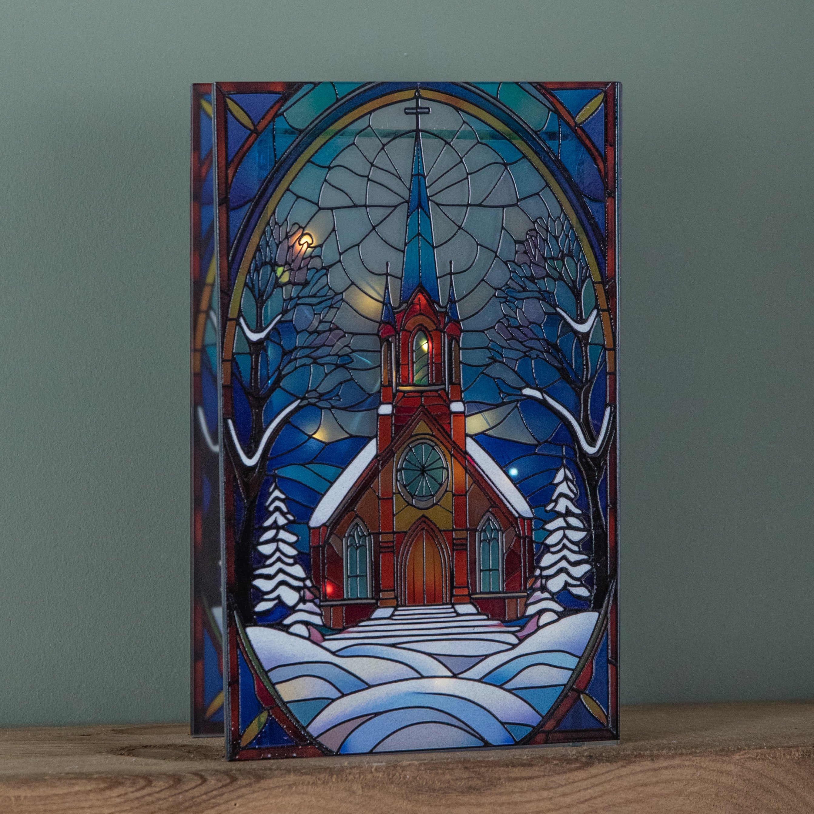 21cm Battery Operated Light up Double Sided Stained Glass Victorian Church Decoration with LEDs