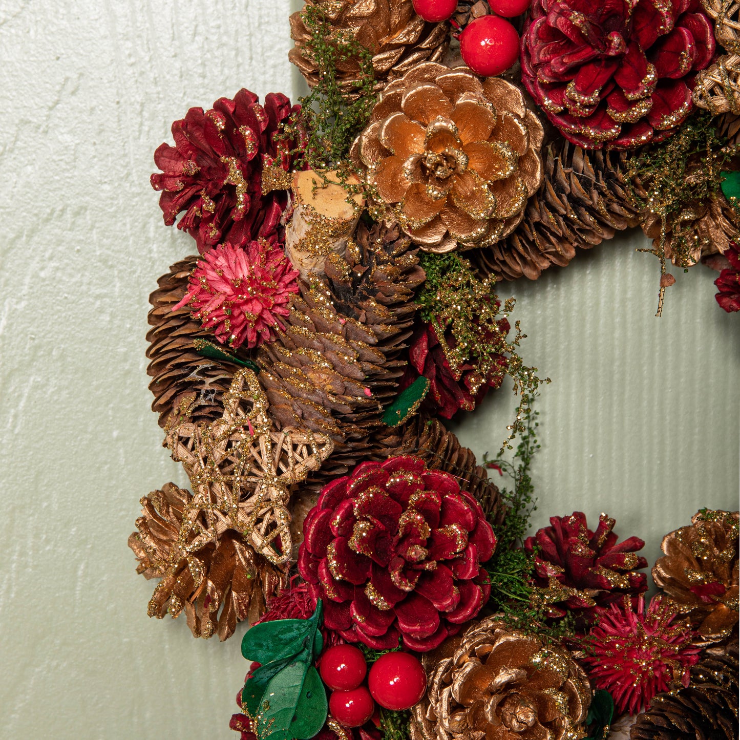 30cm Red Hanging Christmas Wreath with Red Berries and Pinecones 