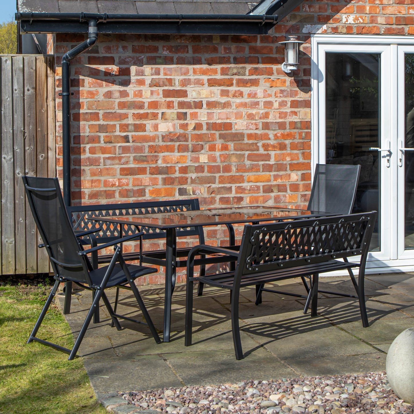 Outdoor 6 Person Rectangular Glass Top Garden Dining Table Benches & Chairs Set