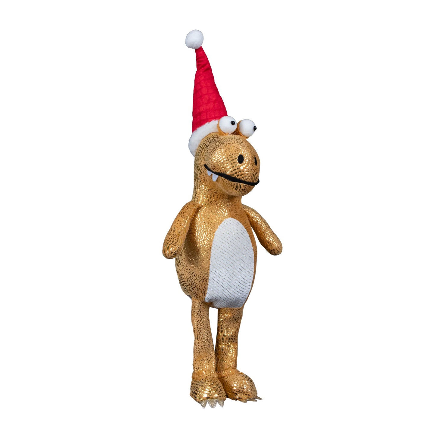 60cm Gold Plush Tyrone-Rex Dino Standing Christmas Decoration with Santa Hat