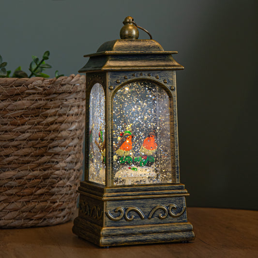 Factory Seconds: 21cm Battery Operated Christmas Robin Scene Glitter Water Spinner Lantern Decoration