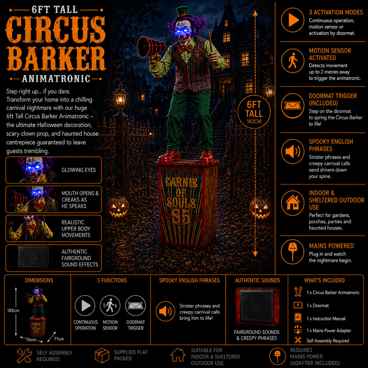 6ft (72 Inch) Tall Servo Carnival Barker Halloween Animatronic with Glowing Digi-Eyes
