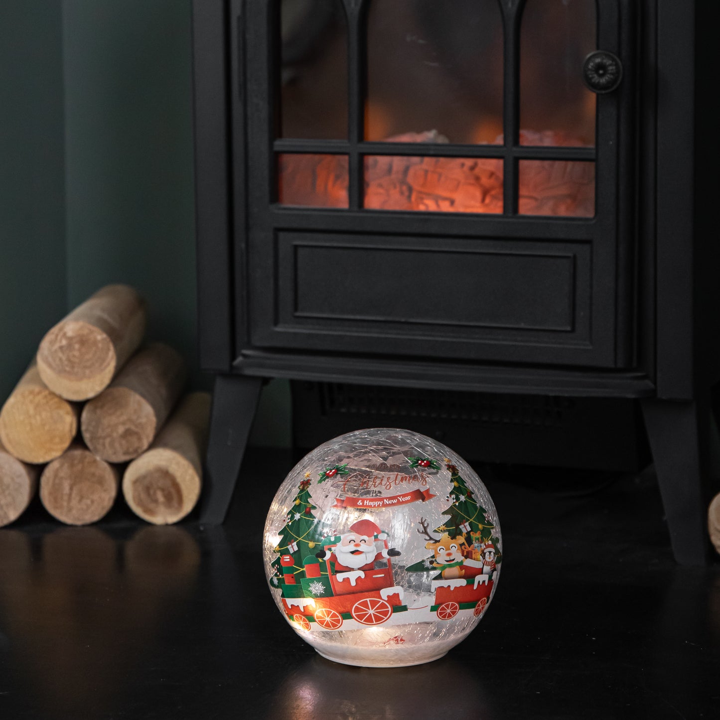 15cm Battery Operated Light up Santa and Friends Christmas Crackle Ball with LEDs
