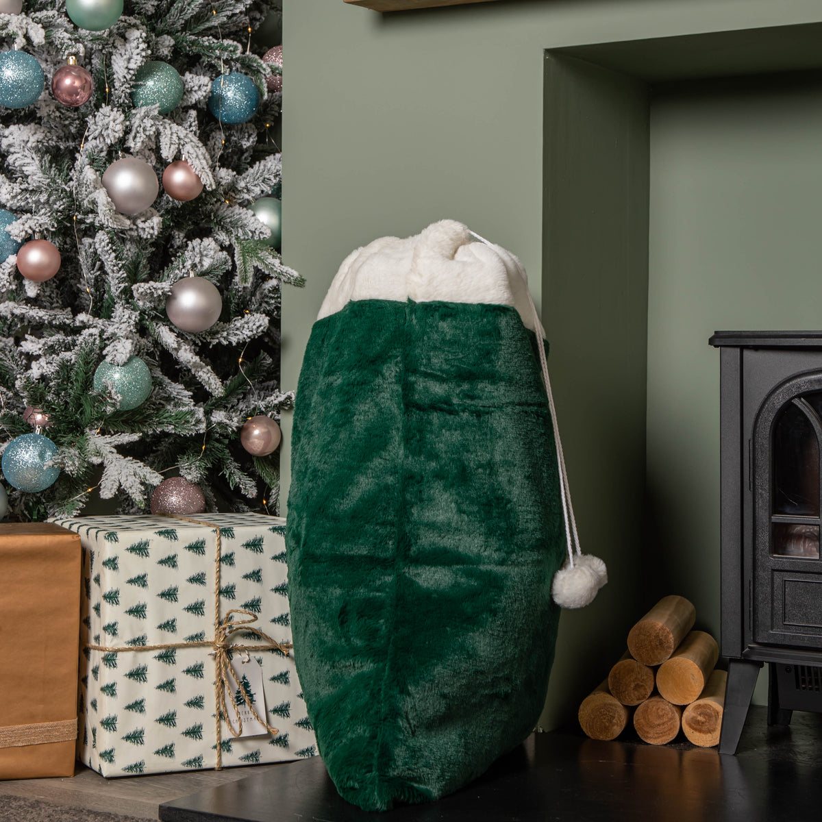 80x55cm Green Christmas Sack with White Cuff and Pom Poms