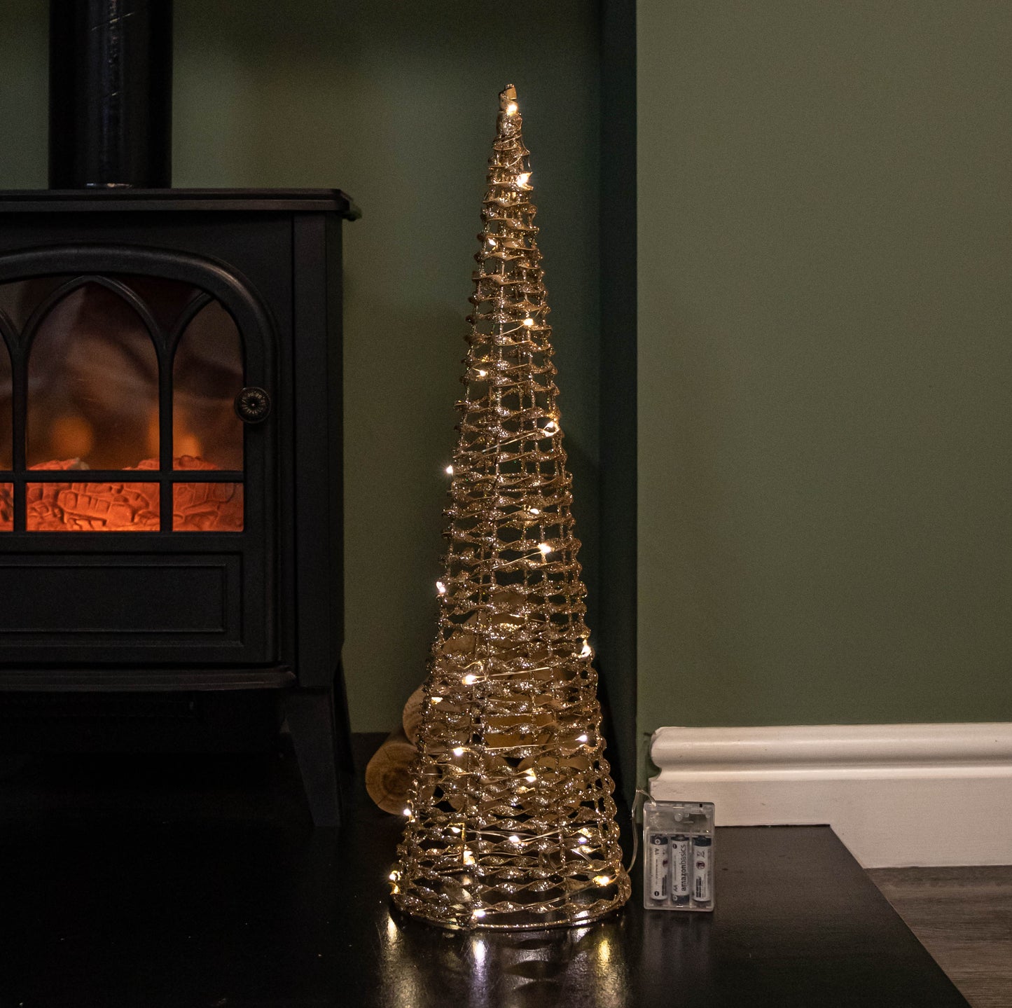 Set of 3 Gold Glitter Twist Christmas Cone Trees with 90 Warm White LEDs 