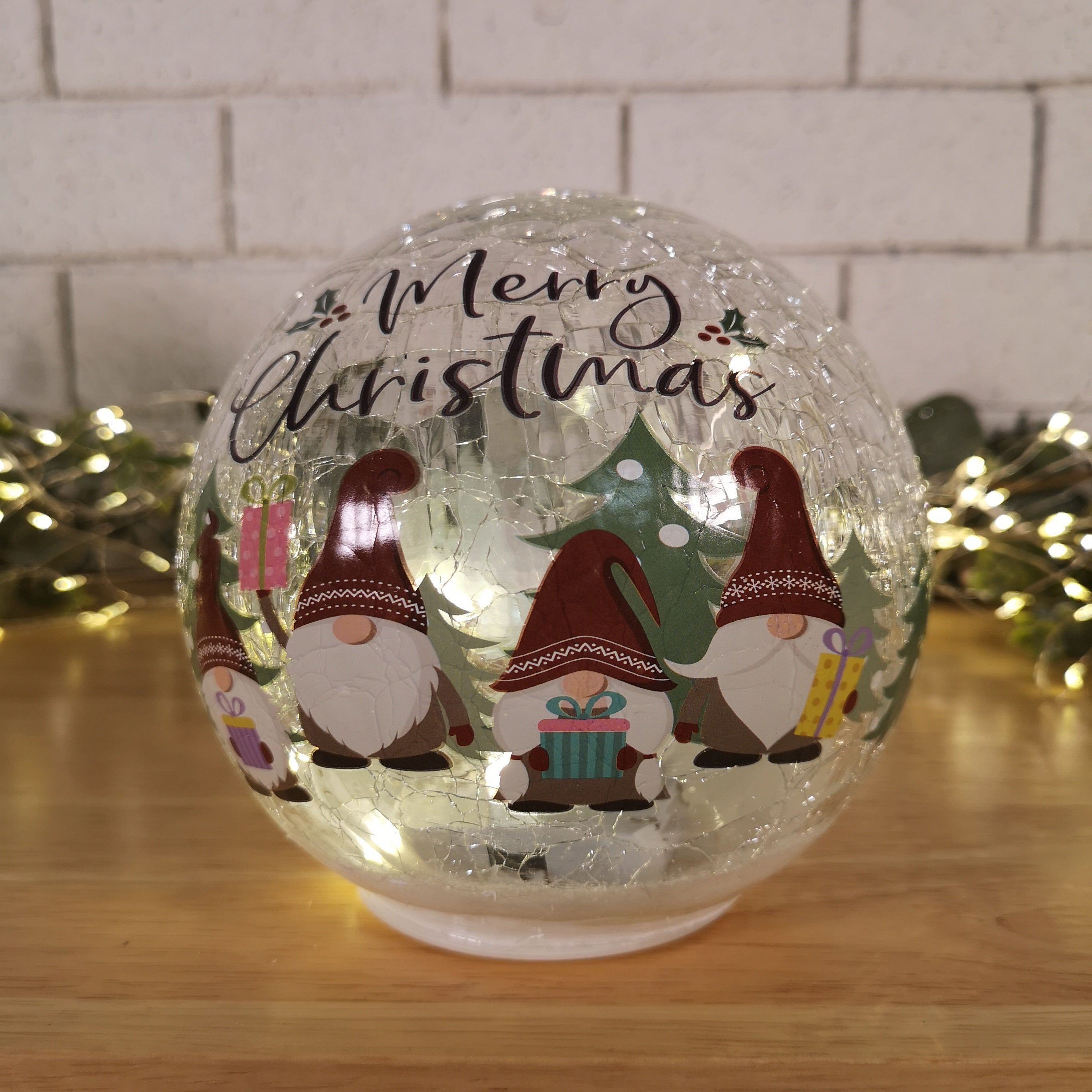 15cm Battery Operated Twinkling Warm White LED Crackle Effect Ball Christmas Decoration with Gonks