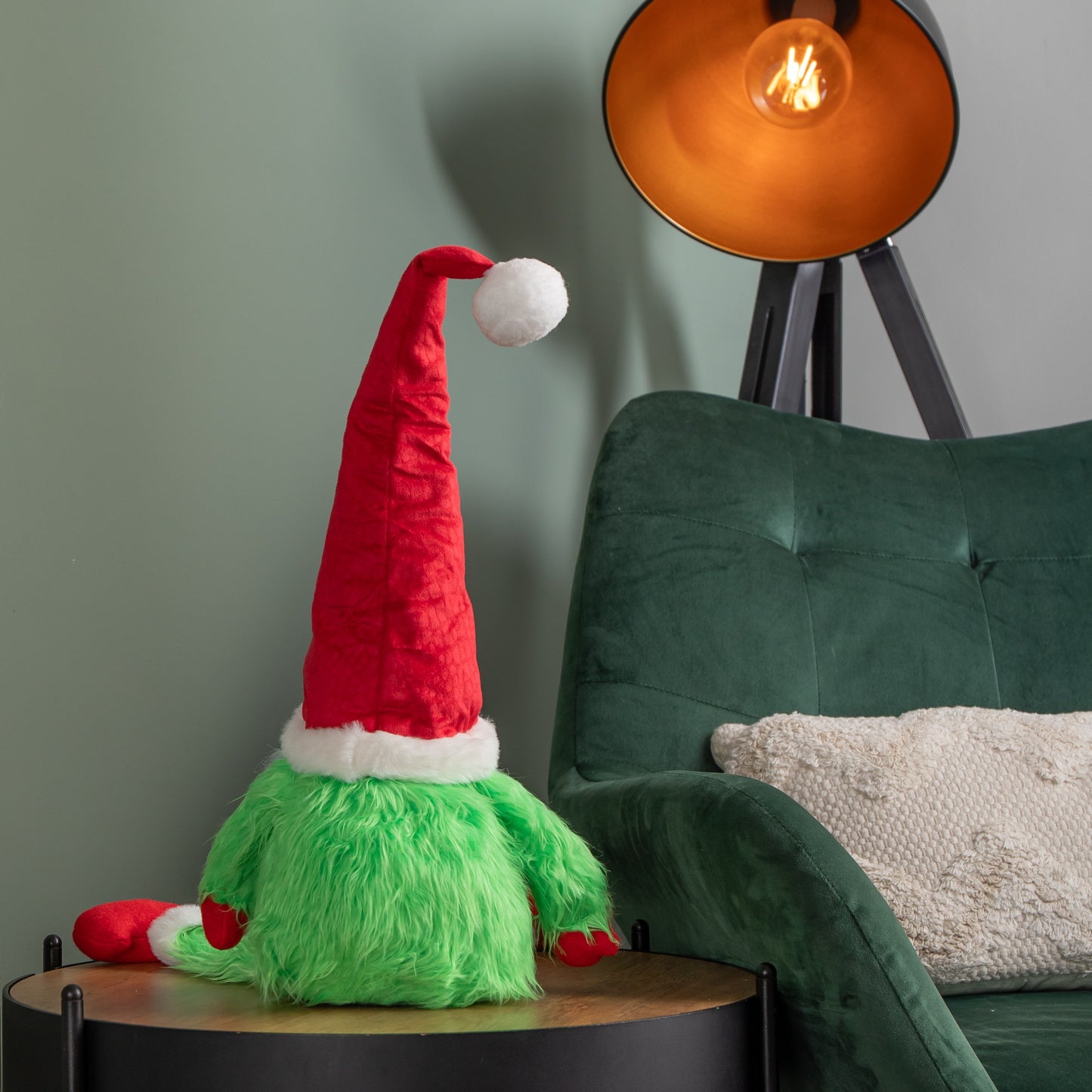 30cm Soft Green Fur Christmas Sitting Gronk Decoration with Dangly Legs
