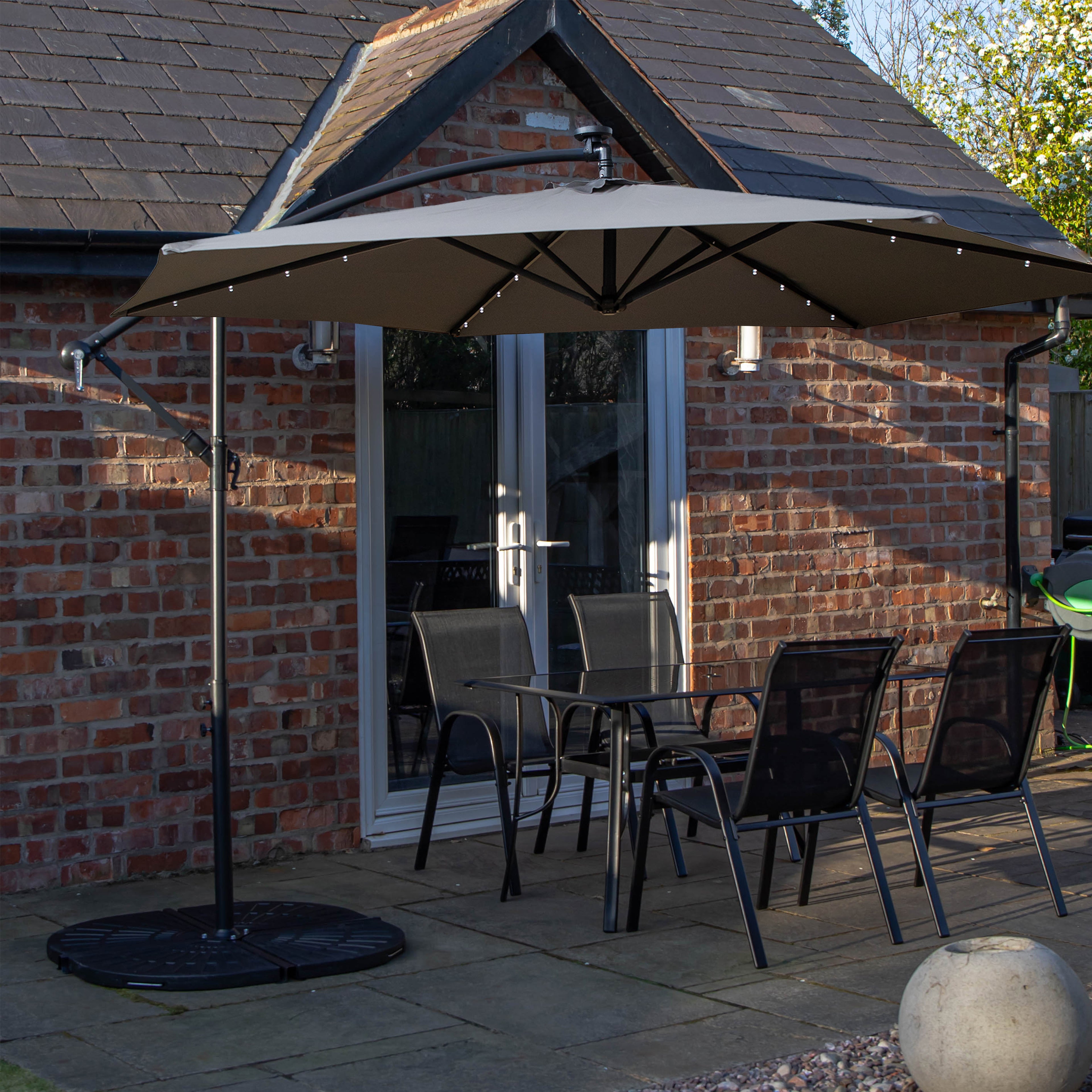 Outdoor 4 Person Rectangular Glass Top Garden Dining Table Chairs With Grey Banana Lit Parasol and Base