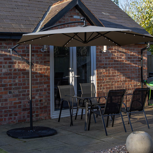 Outdoor 4 Person Rectangular Glass Top Garden Dining Table Chairs With Grey Banana Lit Parasol and Base