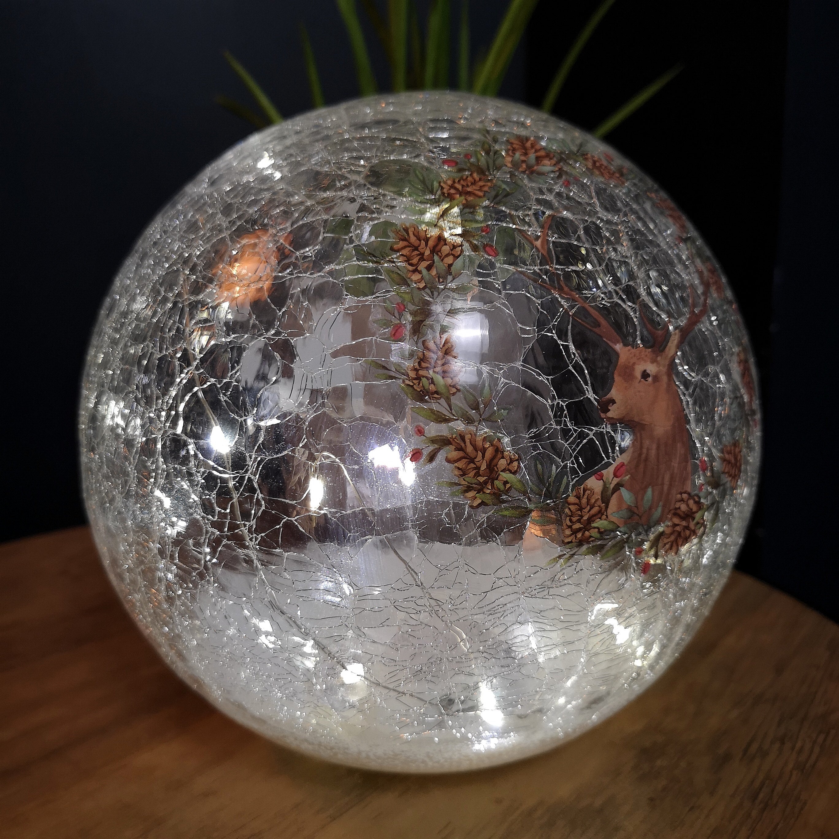 20cm Festive Christmas Crackle Effect Glass Reindeer LED Light Ball