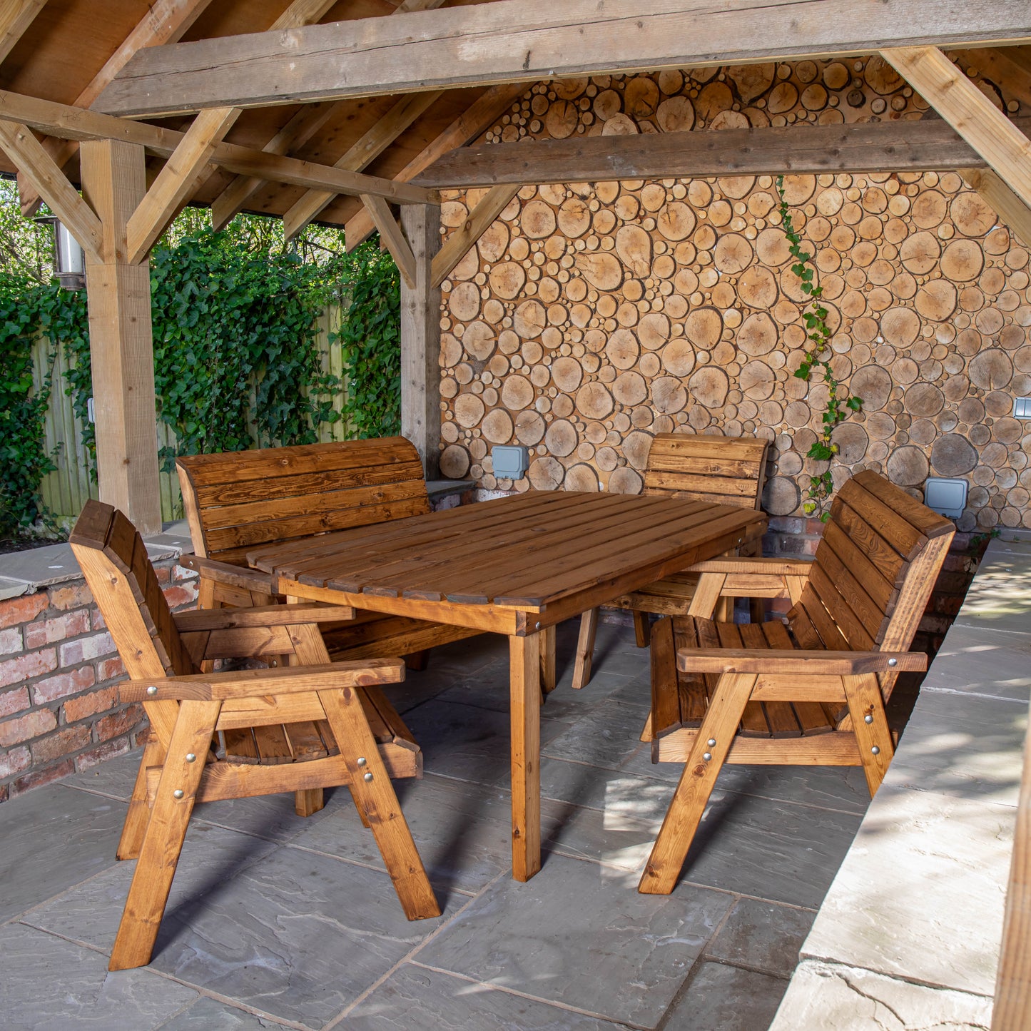 Handmade 6 Seater Chunky Rustic Wooden Garden Furniture Table and Chairs Set