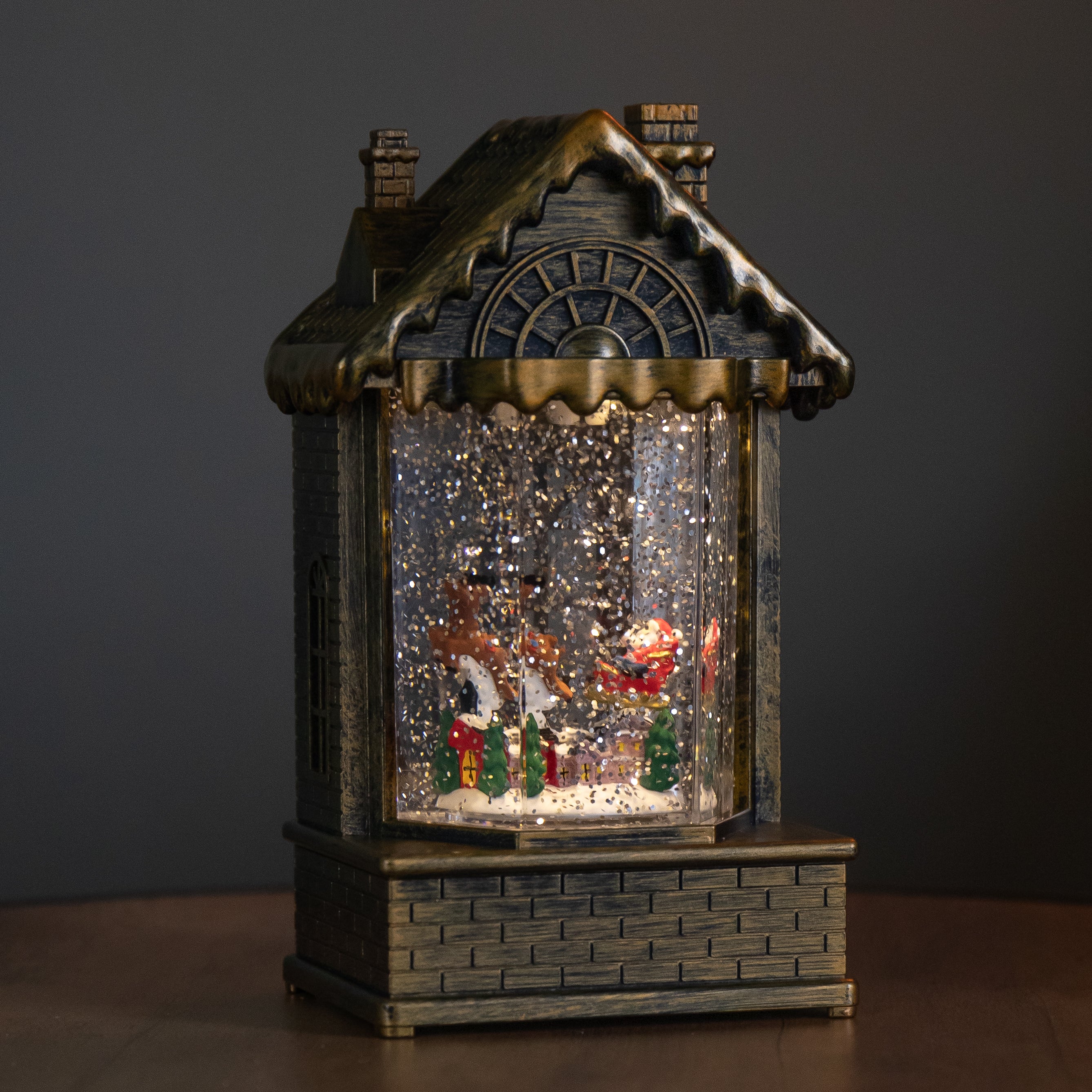 20cm Dual Powered Light up Christmas House Water Spinner with Santa in Sleigh Scene and LEDs