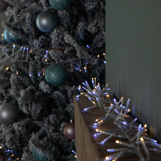9.3m 720 LED Christmas Cluster String Lights with Timer in White & Warm White on Clear Cable