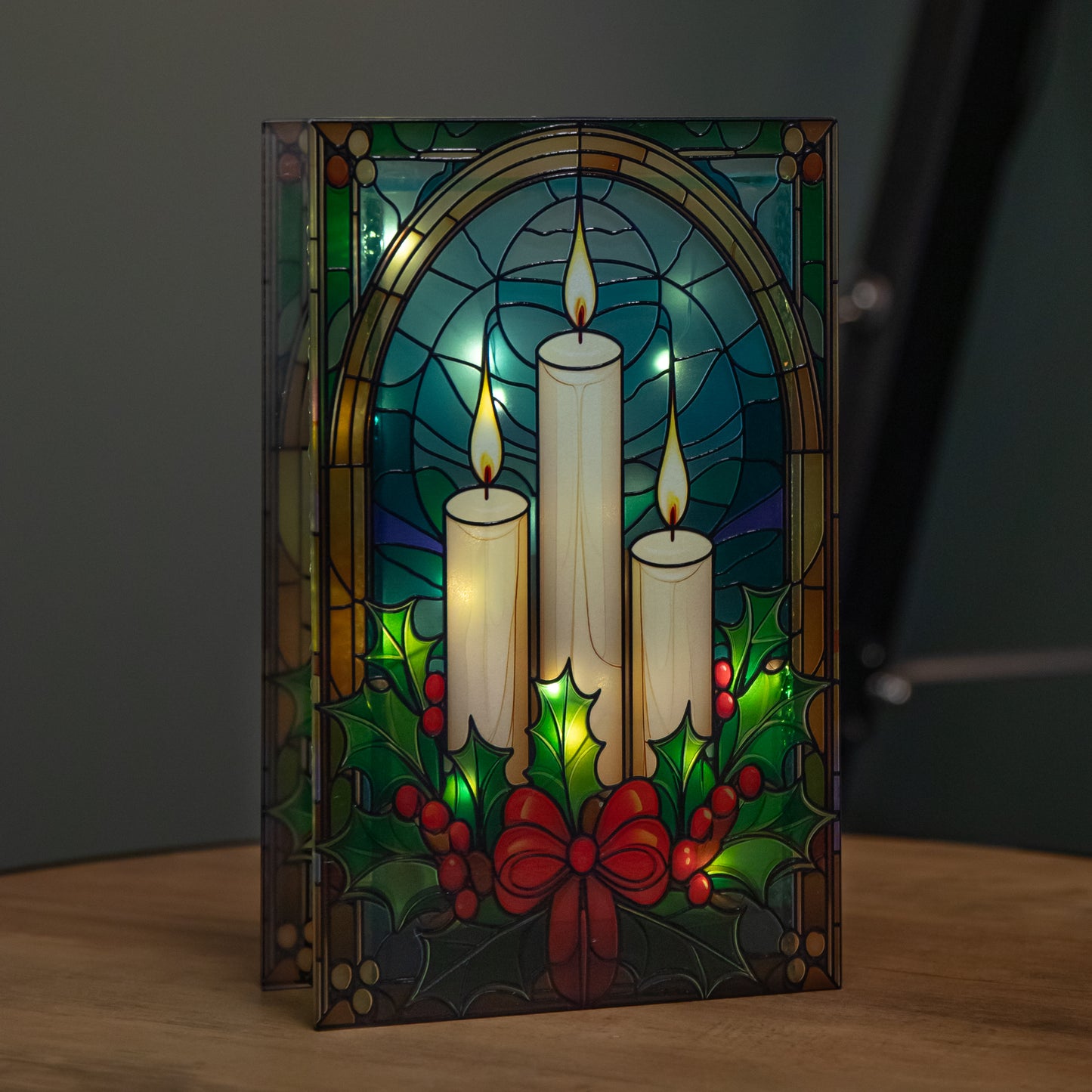 21cm Battery Operated Light up Stained Glass Christmas Decoration with Candles & Holly with Warm White LEDs