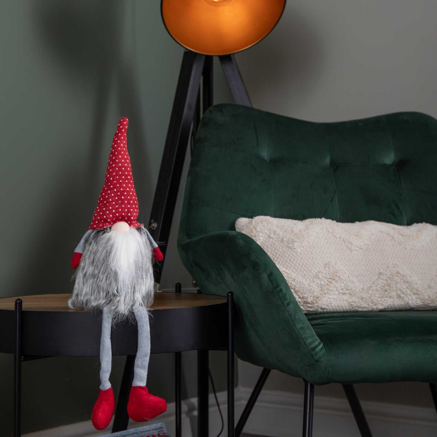 54cm Grey Haired Christmas Gonk with Dangly Legs in Dotted Hat