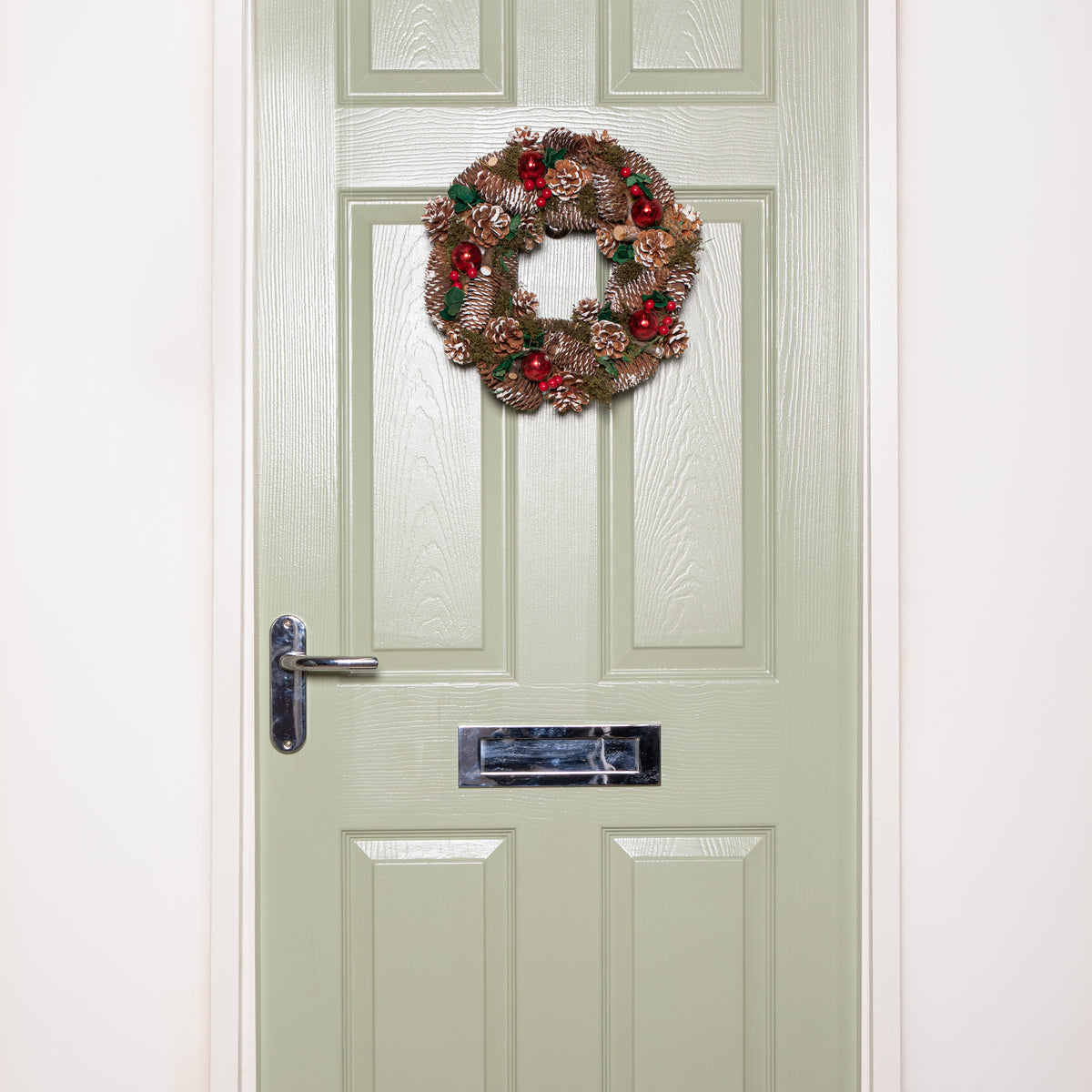 36cm Hanging Christmas YuleFest Wreath with Red Baubles & Snow Tipped Pine Cones 