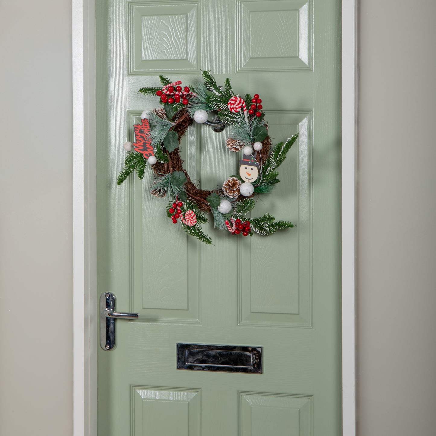 40cm Candy Swirls Christmas Wreath with Pinecones Red Berries and Candy Canes