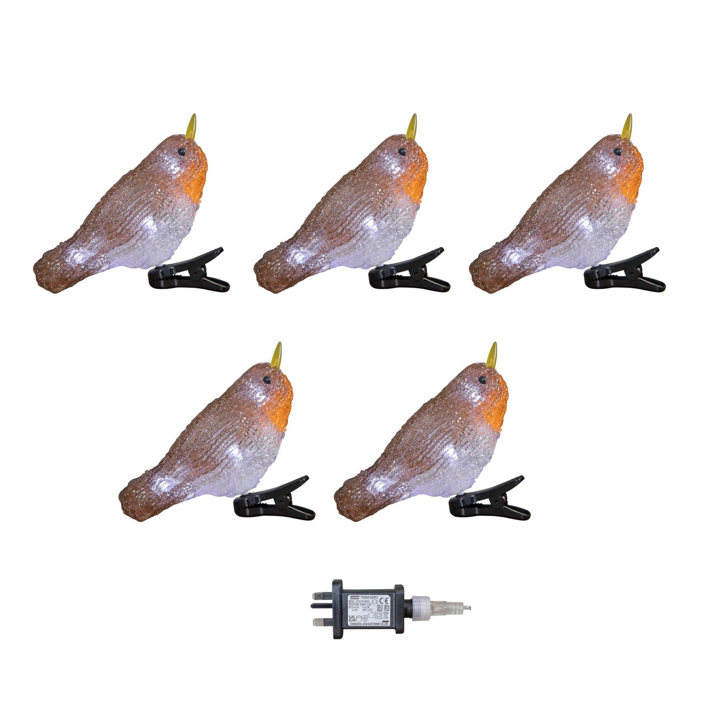 Set of 5 Light up Acrylic Christmas Robin Decoration with 30 Ice White LEDs