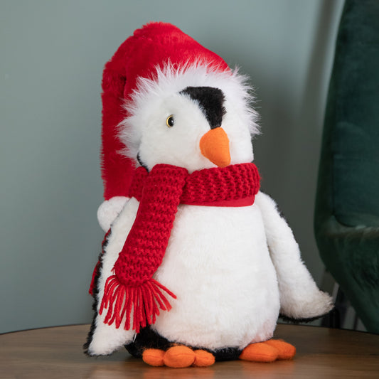 22cm Soft Cuddly Puppa Penguin Christmas Decoration with Santa Hat