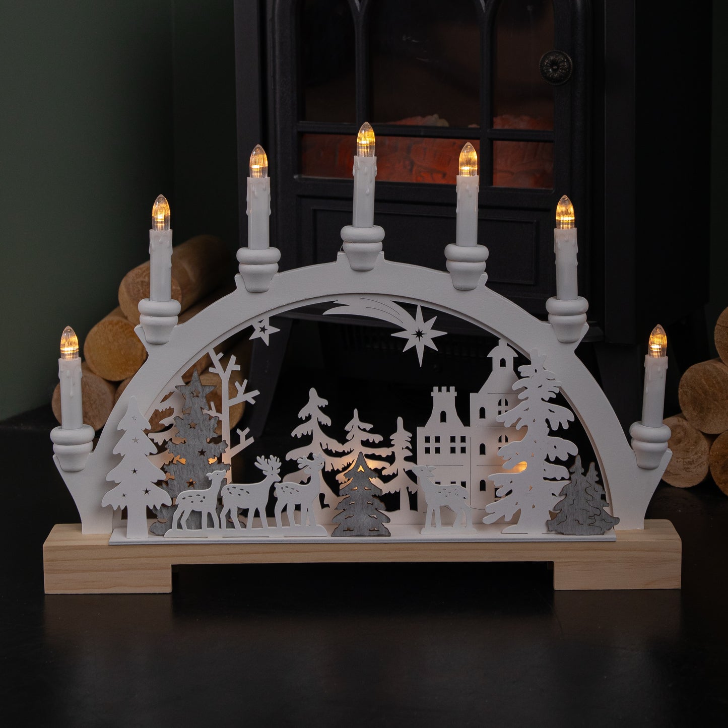 45cm Battery Operated Wooden Christmas Candle Bridge with Reindeer Scene & LEDs