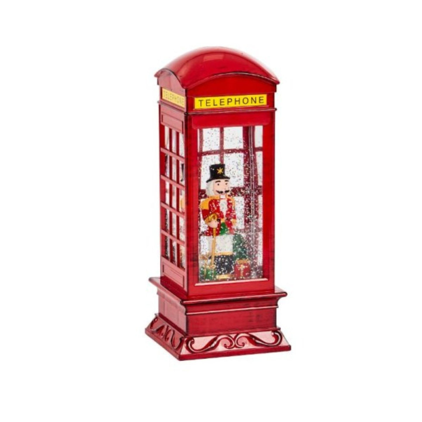 27cm LED Christmas Glitter Water Spinner Red Telephone Box with Nutcracker Scene