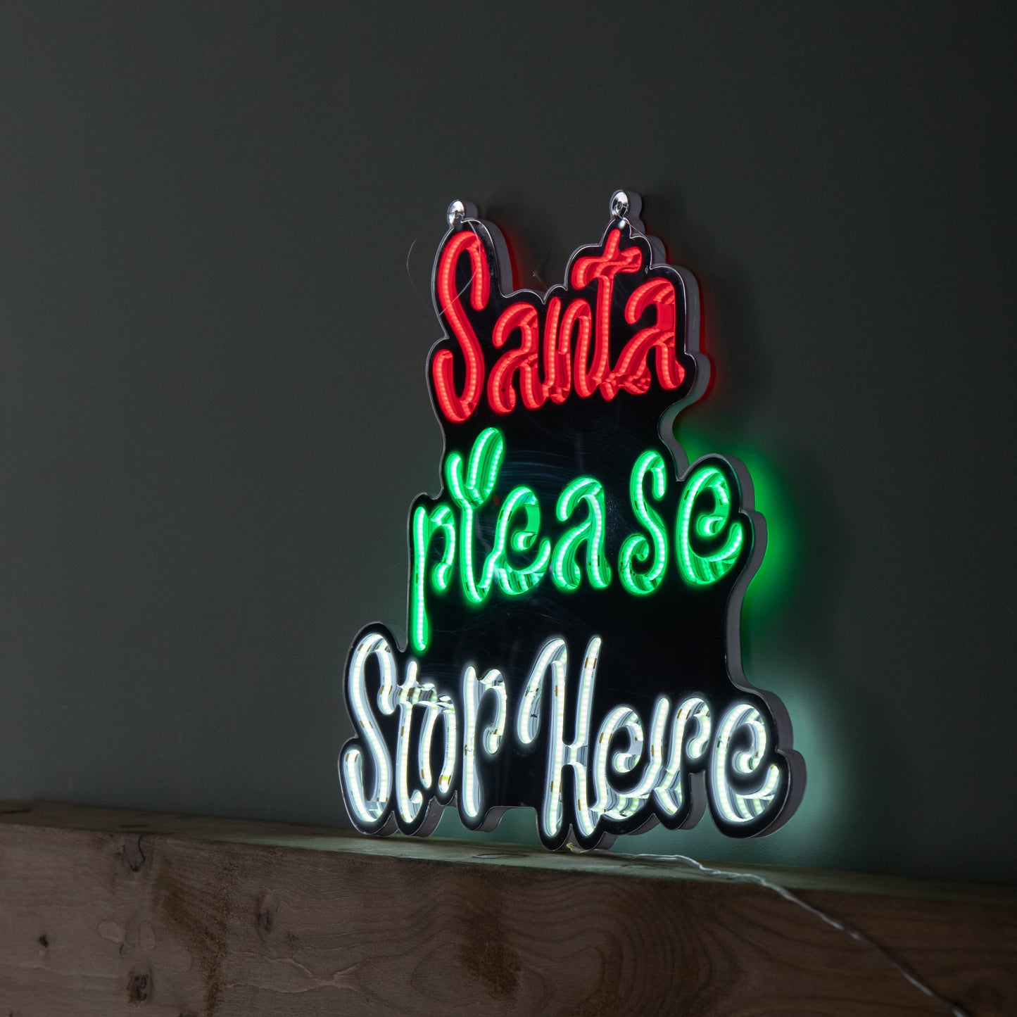 40cm Light up Hanging Santa Stop Here Christmas Infinity Mirror Light with Multi-Coloured LEDs