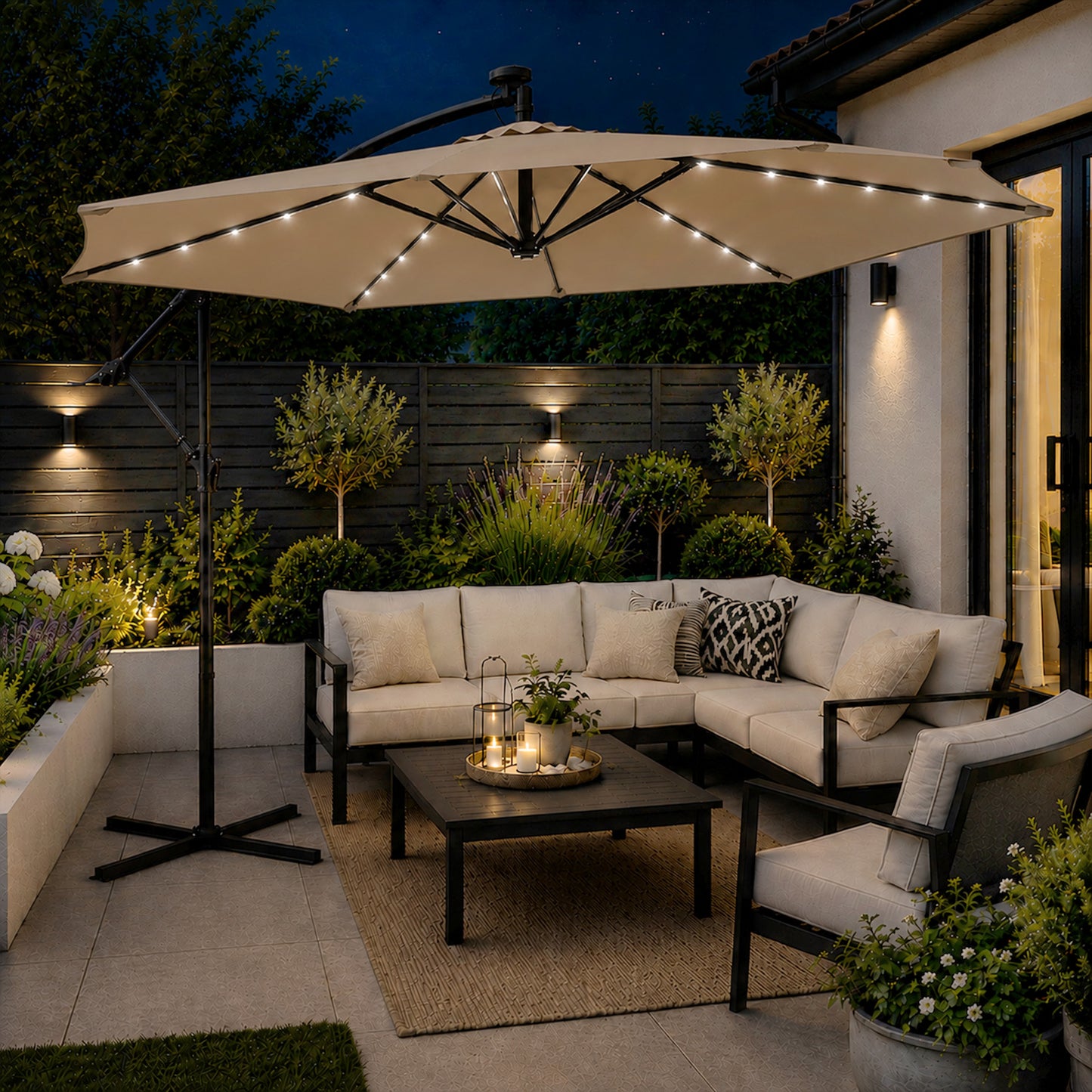 Samuel Alexander 3m Solar Powered Cantilever Lit Banana Garden Parasol with Crank Handle & White LED Lights in Beige