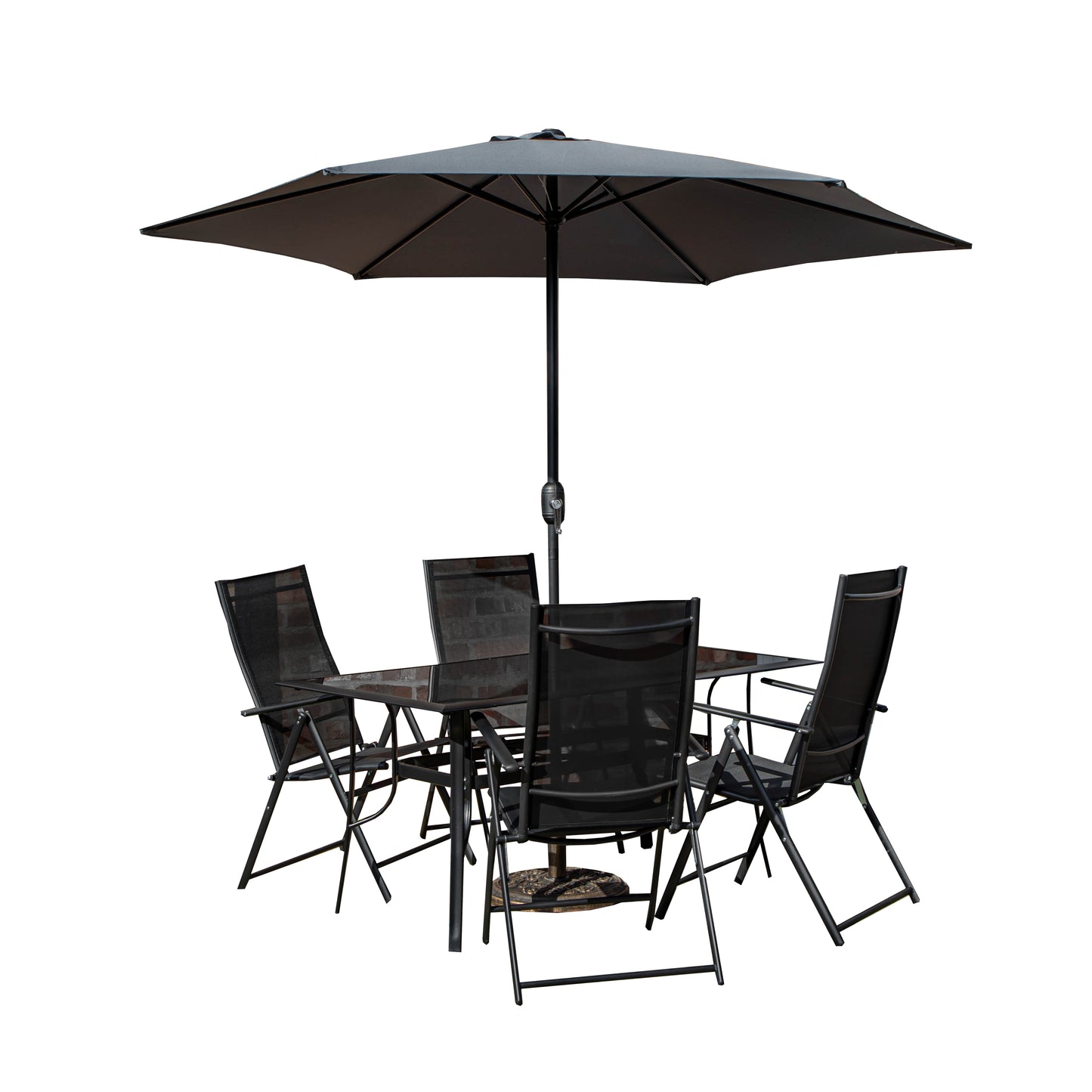 Outdoor 4 Person Rectangular Glass Top Garden Dining Table Chairs With Grey Havana Parasol & Base