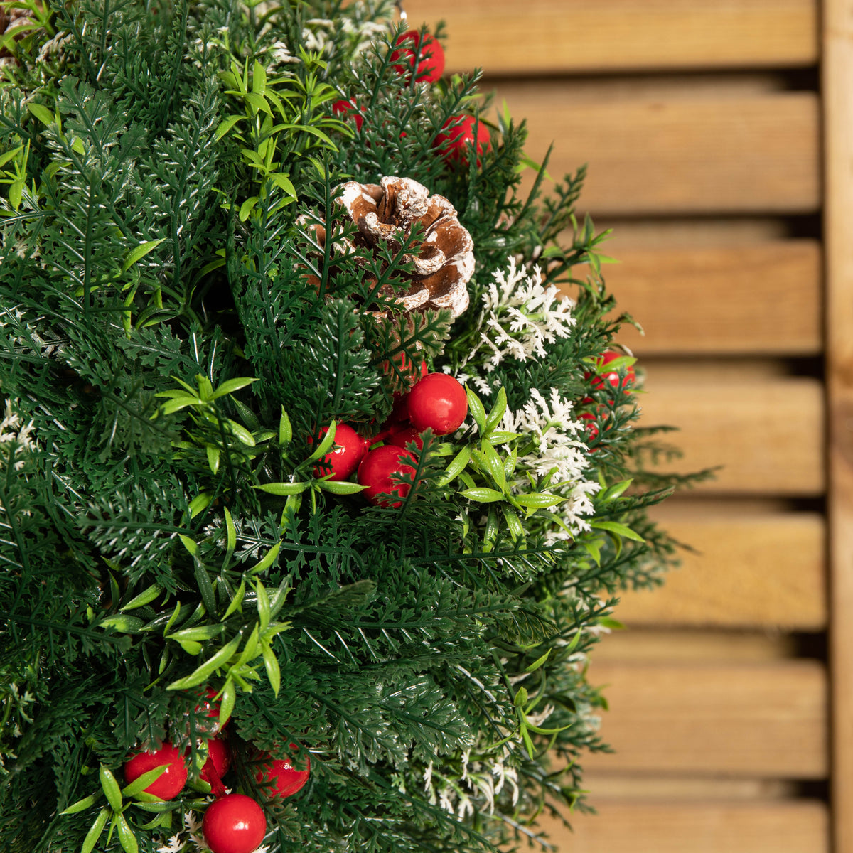 30cm Plastic Christmas Ball with Red Berries, Pinecones & Metal Hanging Hook