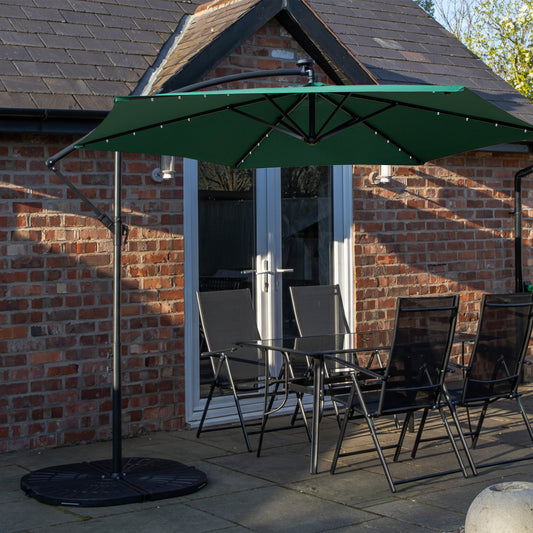 Outdoor 4 Person Rectangular Glass Top Garden Dining Table Chairs With Green Banana Lit Parasol and Base Set