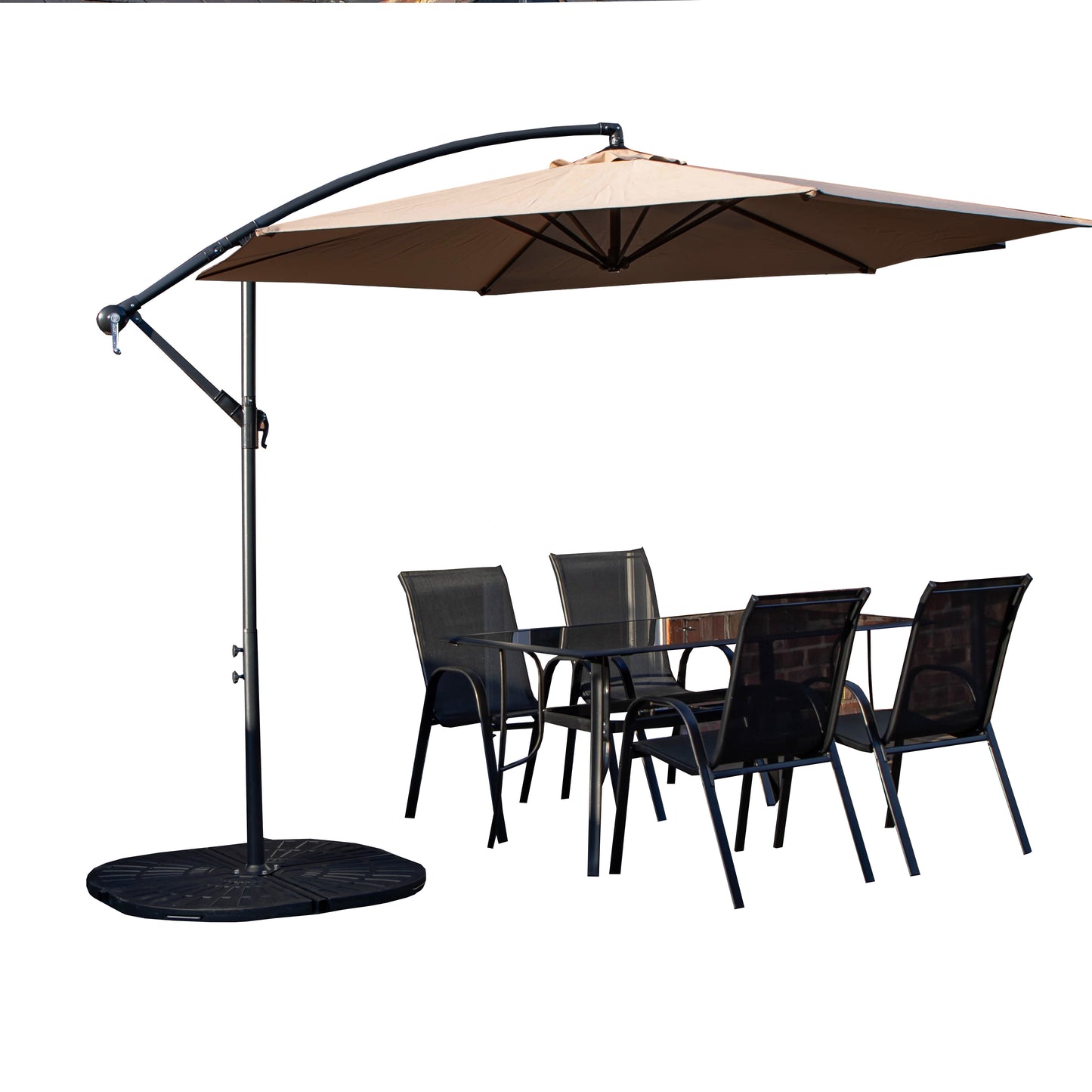 Outdoor 4 Person Rectangular Glass Top Garden Dining Table Chairs With Beige Banana Parasol and Base
