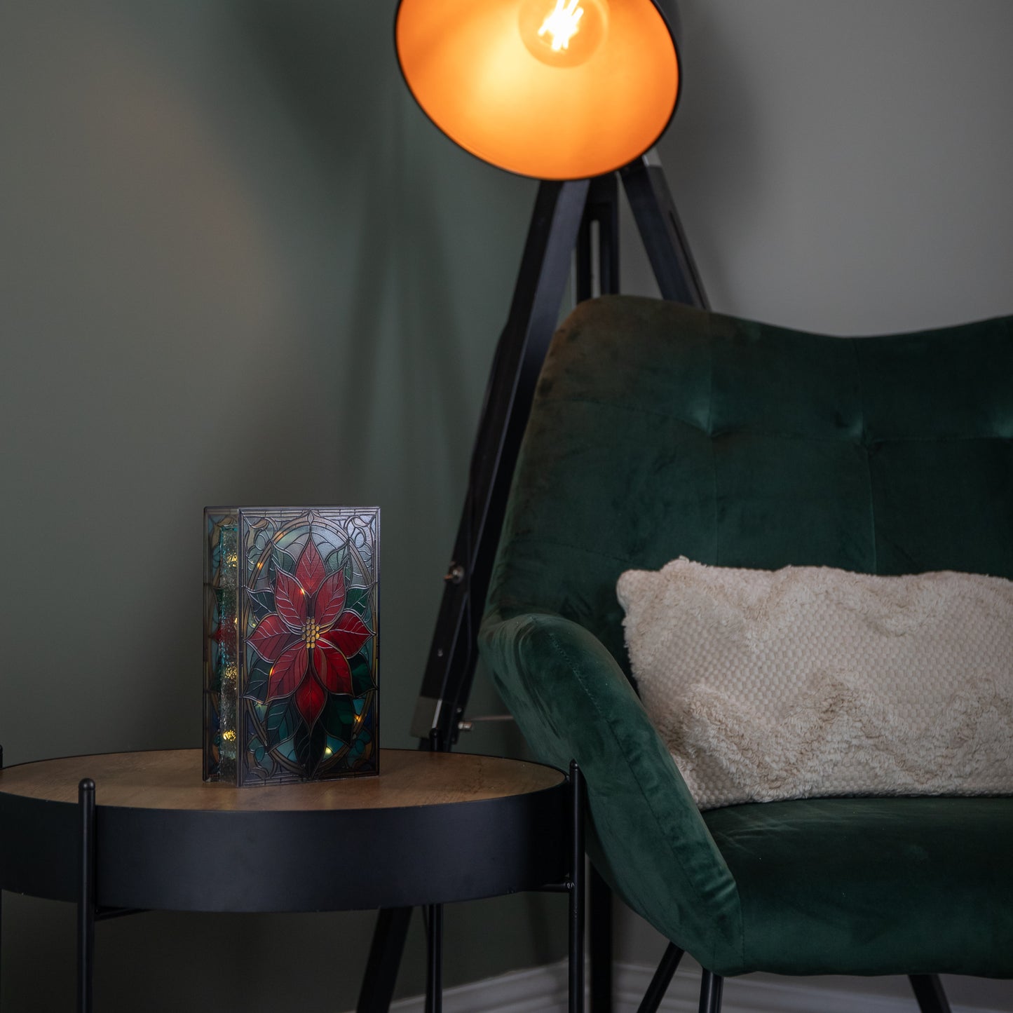 21cm Battery Operated Light up Double Sided Stained Glass Poinsettia Decoration with LEDs