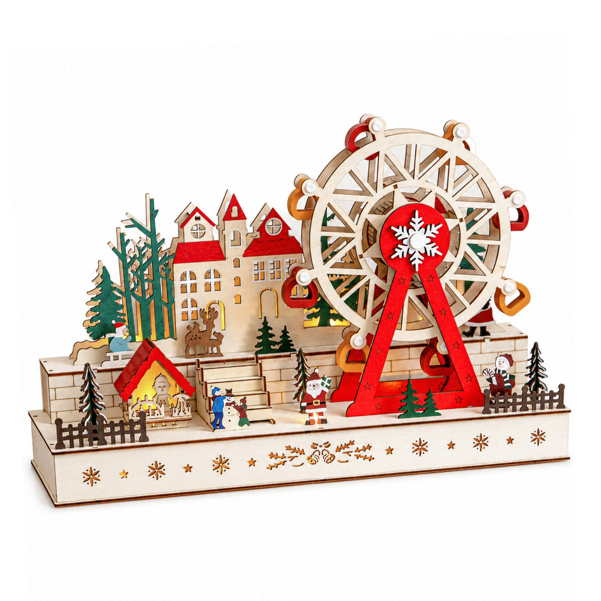 45cm Light Up Wooden Christmas Village Scene with Rotating Ferris Wheel