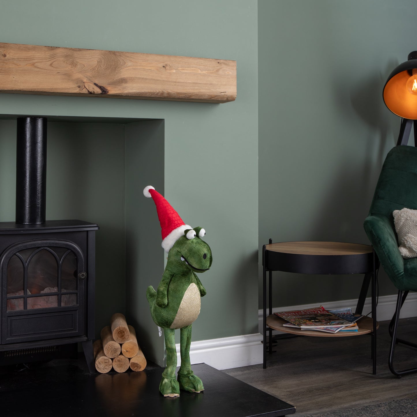 70cm Tall Green Plush Santa-Saurus Dino Standing Christmas Decoration with Santa Hat