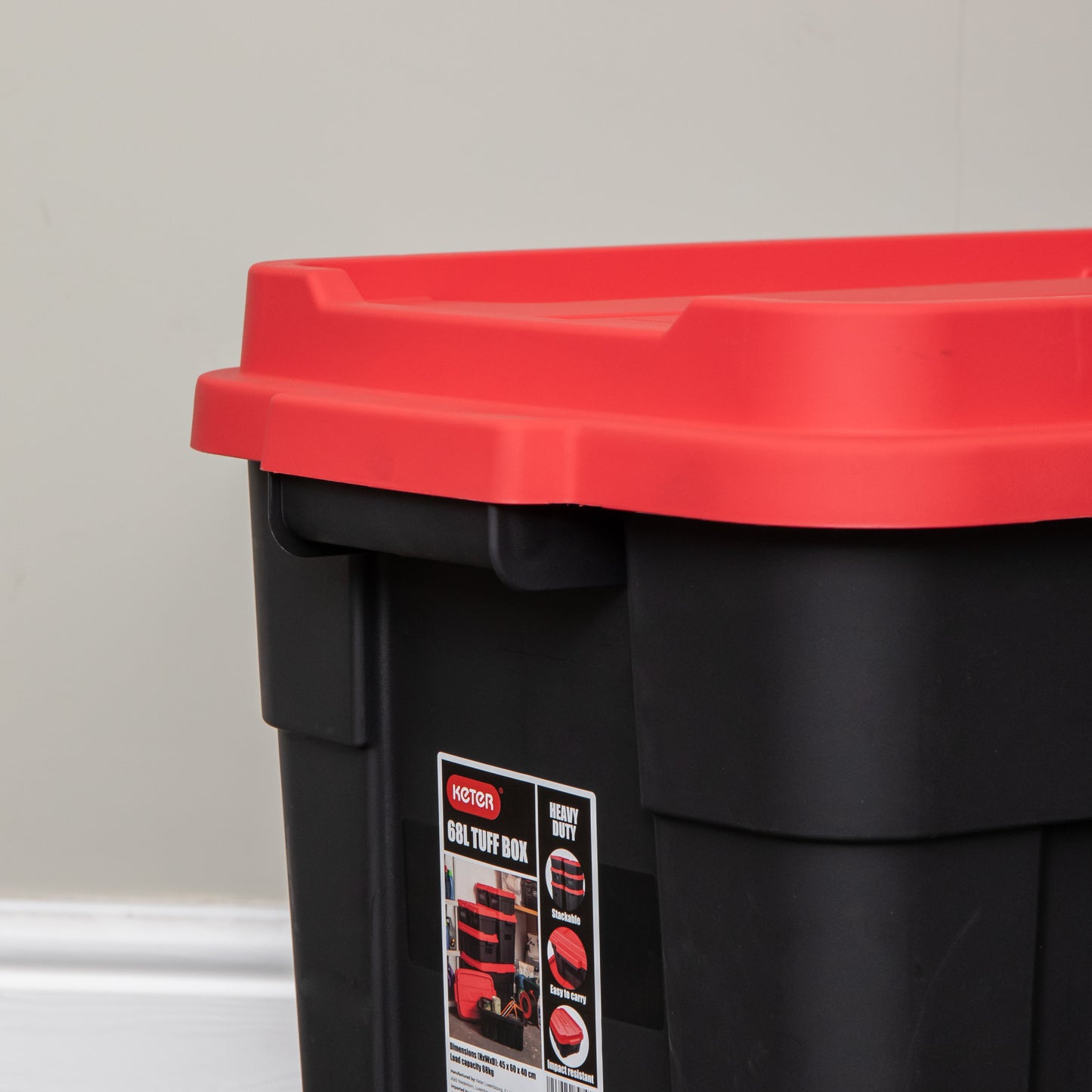 37L Black and Red Tuff Stackable Storage Box with Lid and Carry Handles