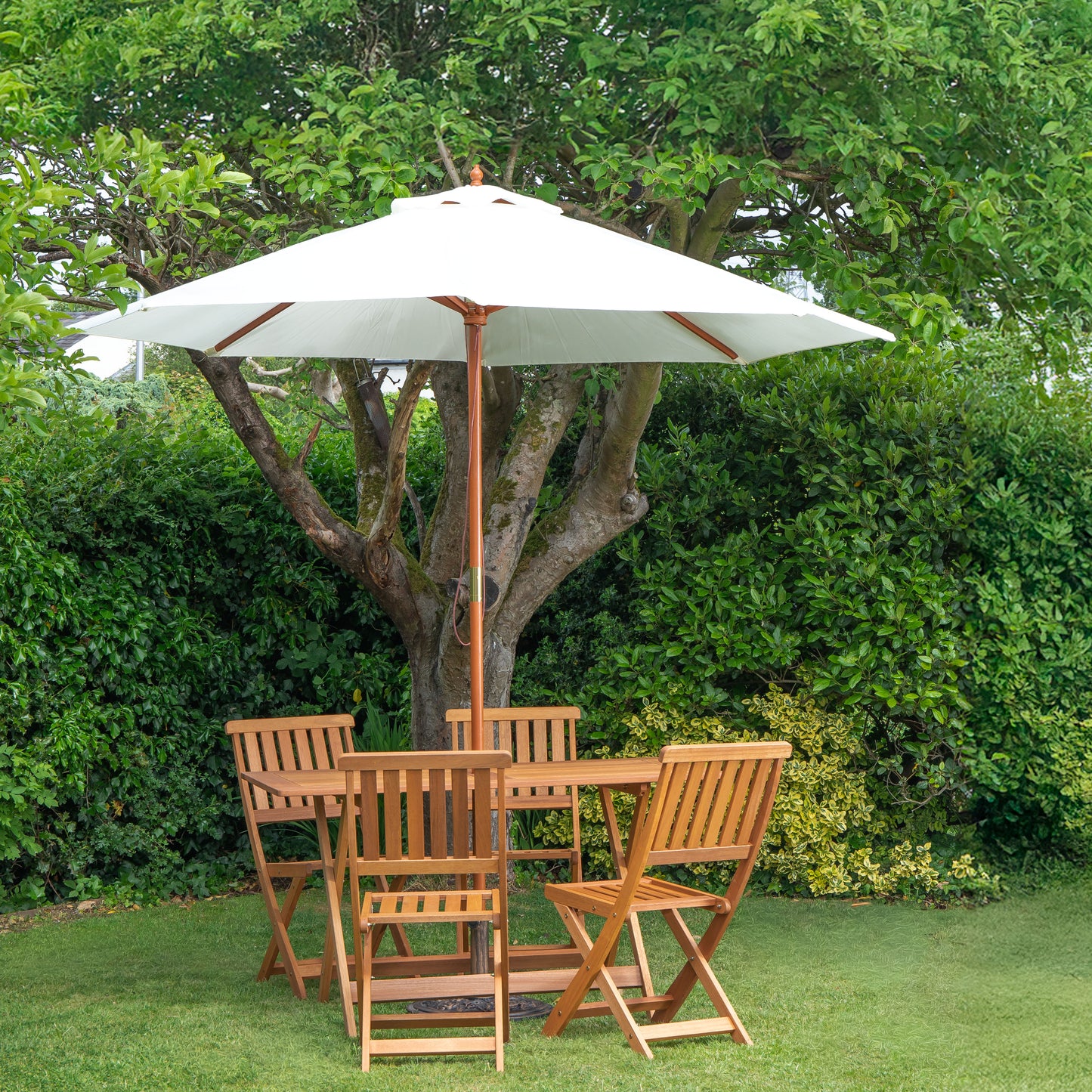 Outdoor 4 Person Folding Rectangular Wooden Garden Dining Table Chairs Cream Parasol and Base Set
