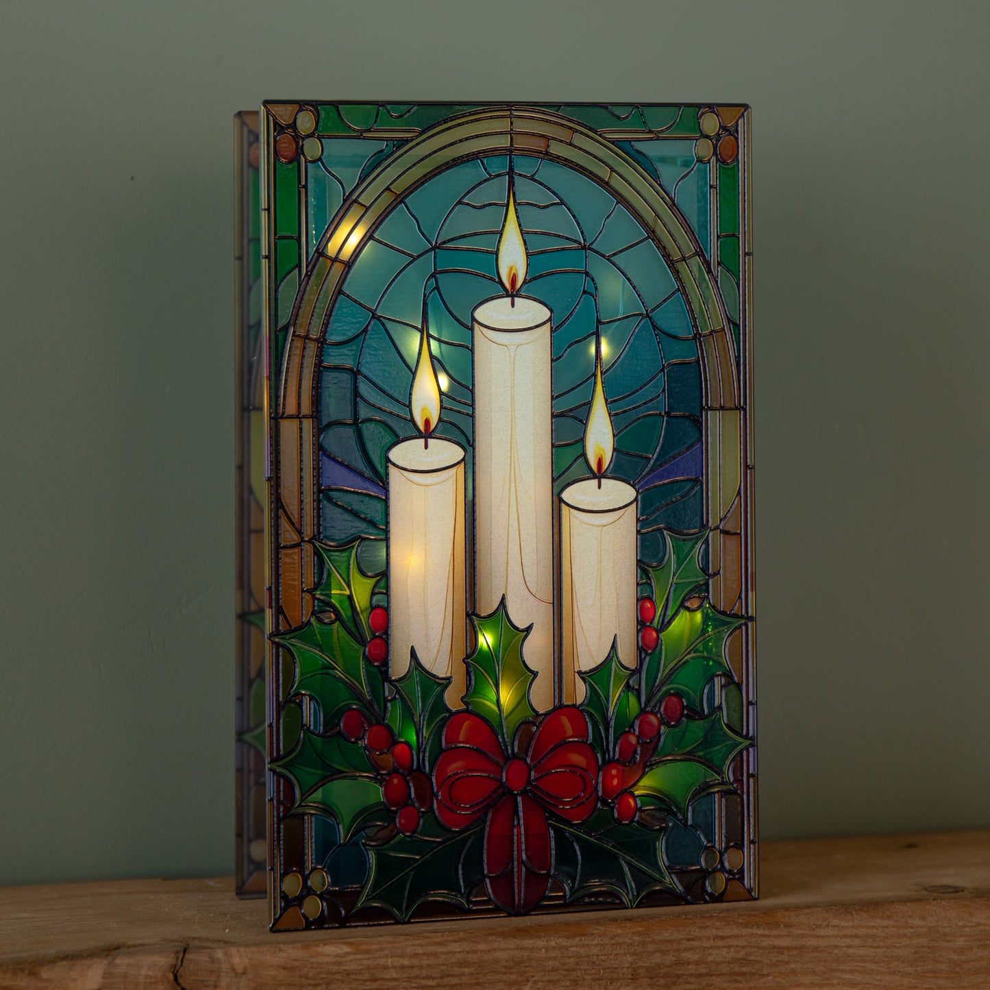 21cm Battery Operated Light up Stained Glass Christmas Decoration with Candles & Holly with Warm White LEDs