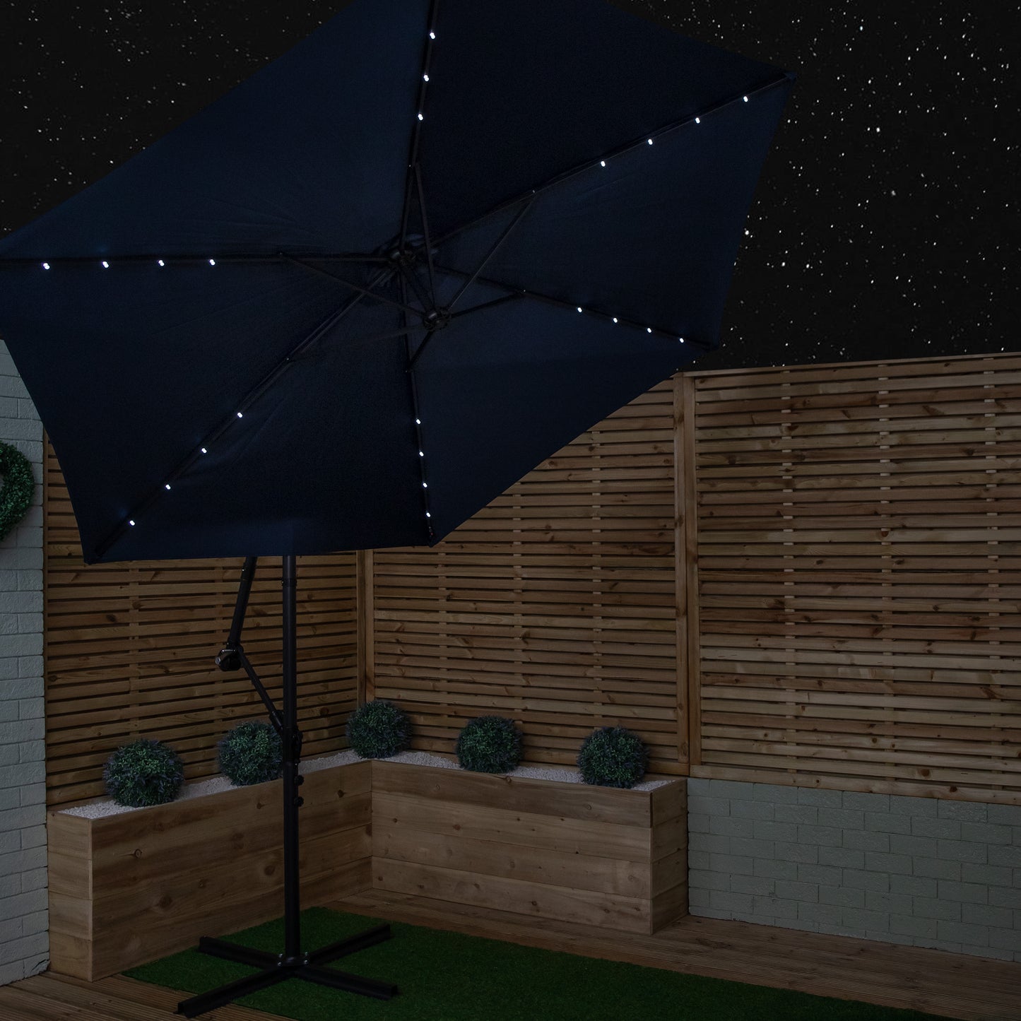 3m Solar Powered Lit Banana Cantilever Garden Parasol with LEDs & Base Weights Included in Blue