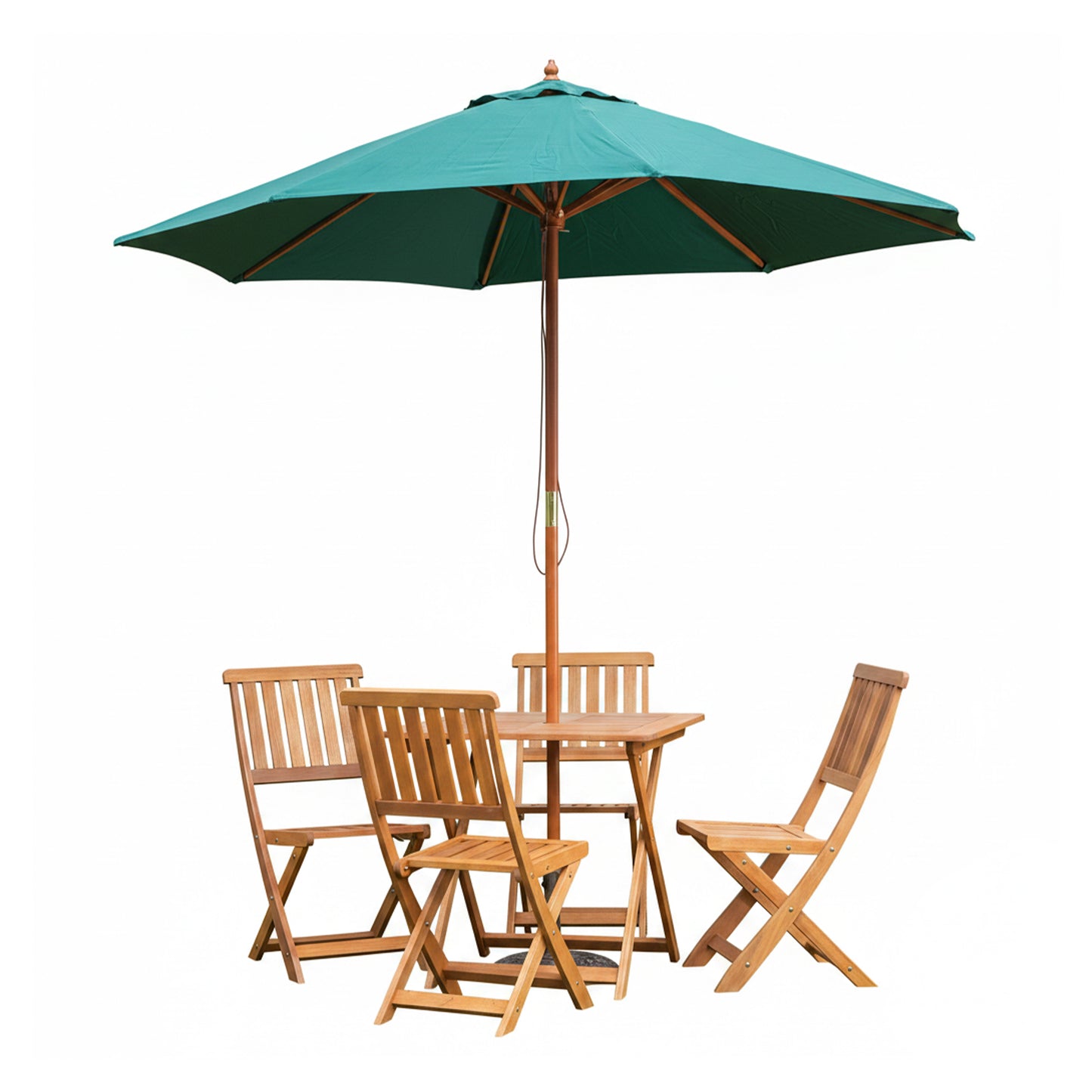 Outdoor 4 Person Folding Square Wooden Garden Dining Table Chairs Green Parasol and Base Set