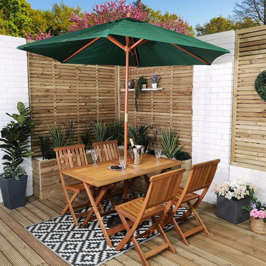 Outdoor 4 Person Folding Rectangular Wooden Garden Dining Table Chairs Green Parasol and Base Set