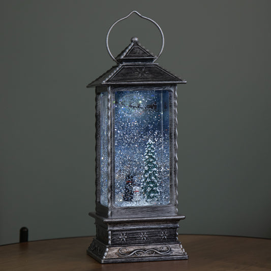 27cm Dual Powered Light up Antique Silver Christmas Water Spinner with Dogs & Flying Sleigh Scene 