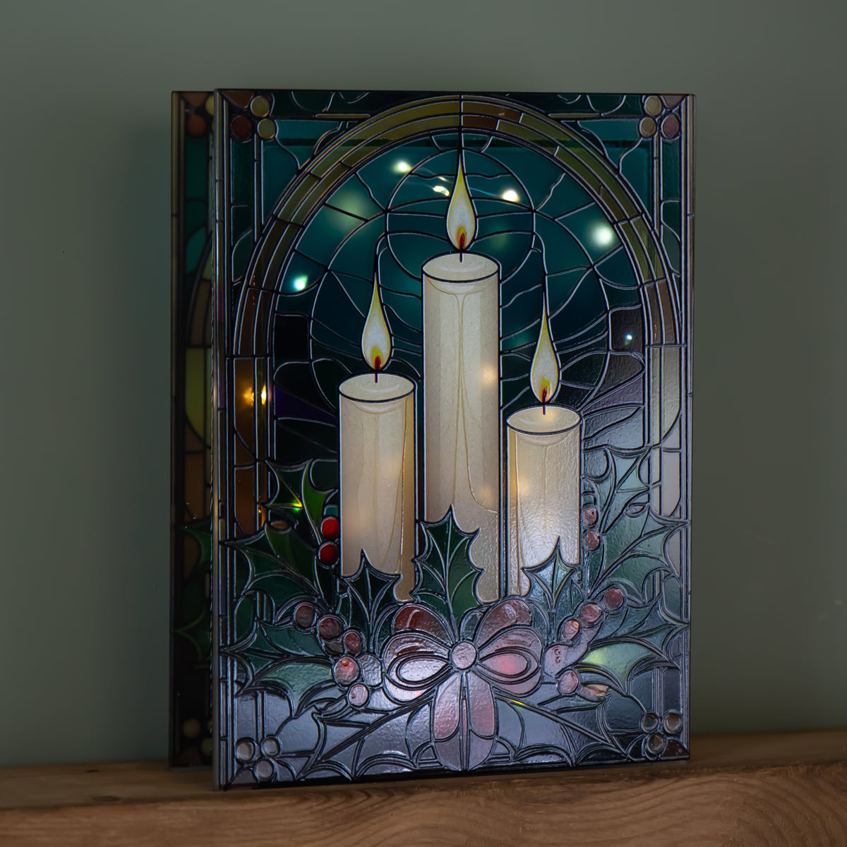 21cm Battery Operated Light up Stained Glass Christmas Decoration with Candles, Holly & Berries with Warm White LEDs