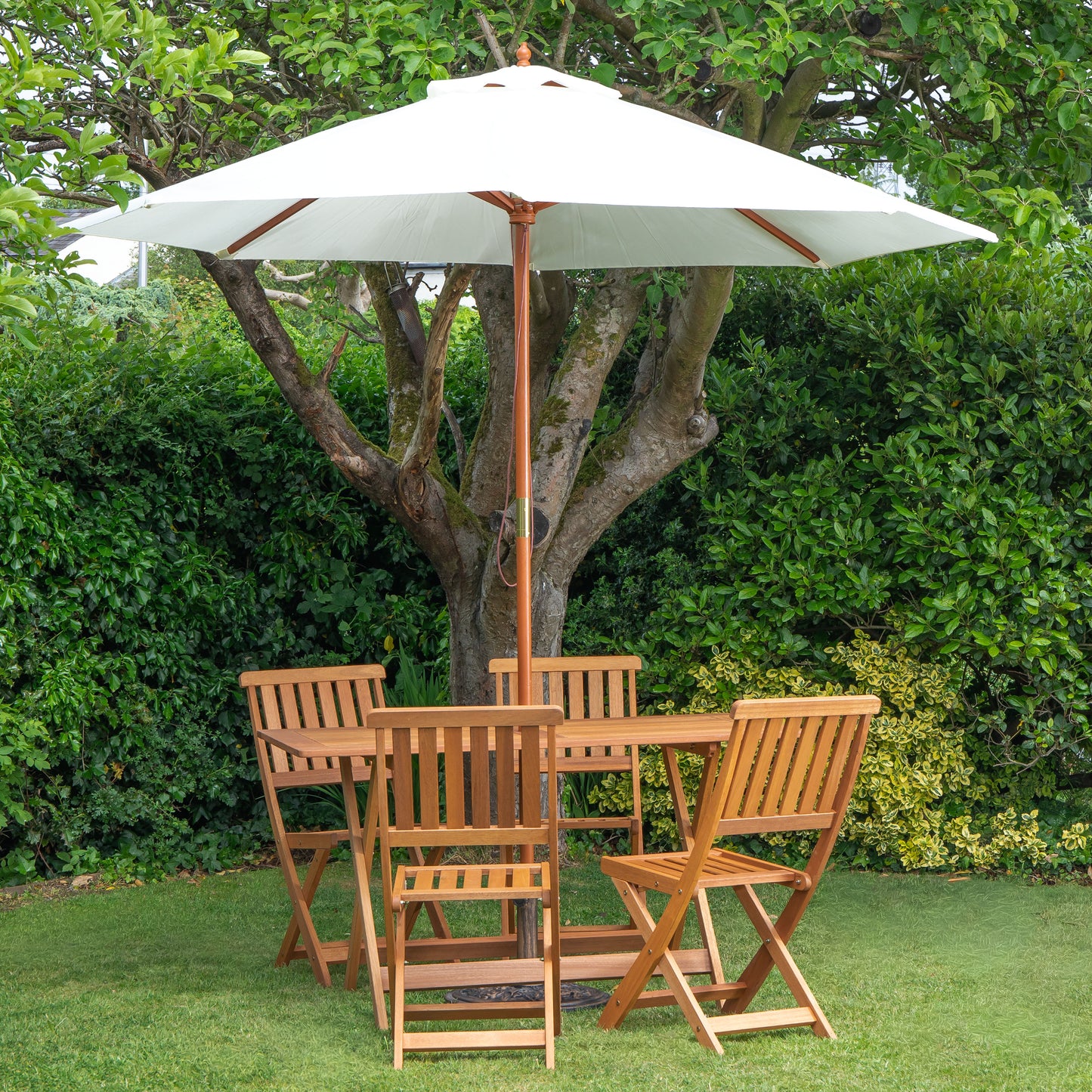 Outdoor 4 Person Folding Rectangular Wooden Garden Dining Table Chairs Cream Parasol and Base Set