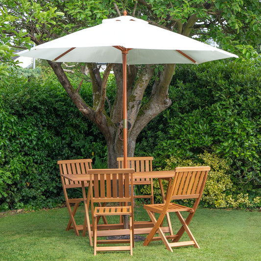 Outdoor 4 Person Folding Rectangular Wooden Garden Dining Table Chairs Cream Parasol and Base Set