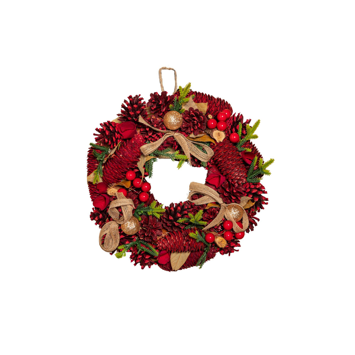 30cm Red Rose Hanging Christmas Wreath with Pinecones & Red Berries