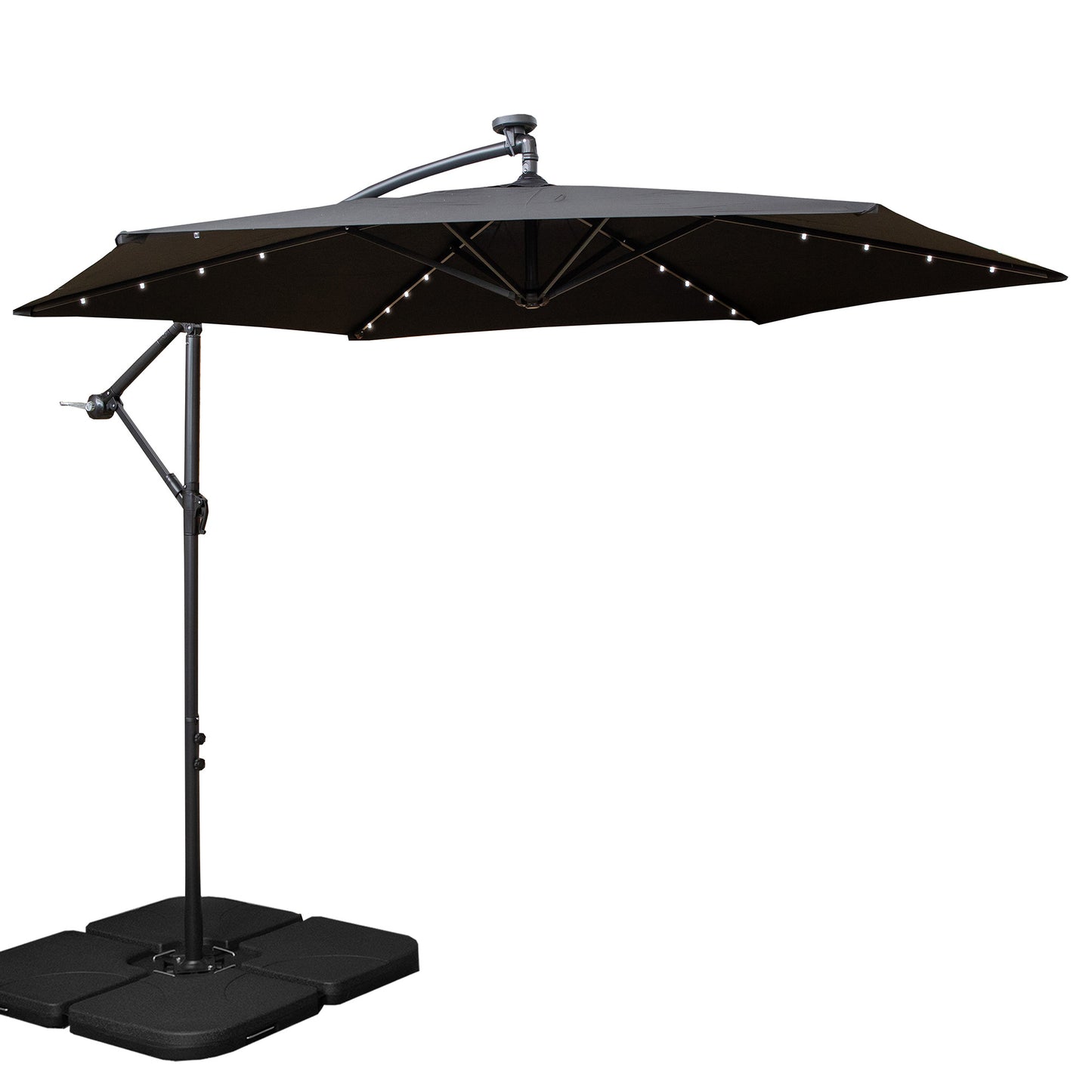 3m Solar Powered Lit Banana Cantilever Garden Parasol with LEDs & Base Weights Included in Black