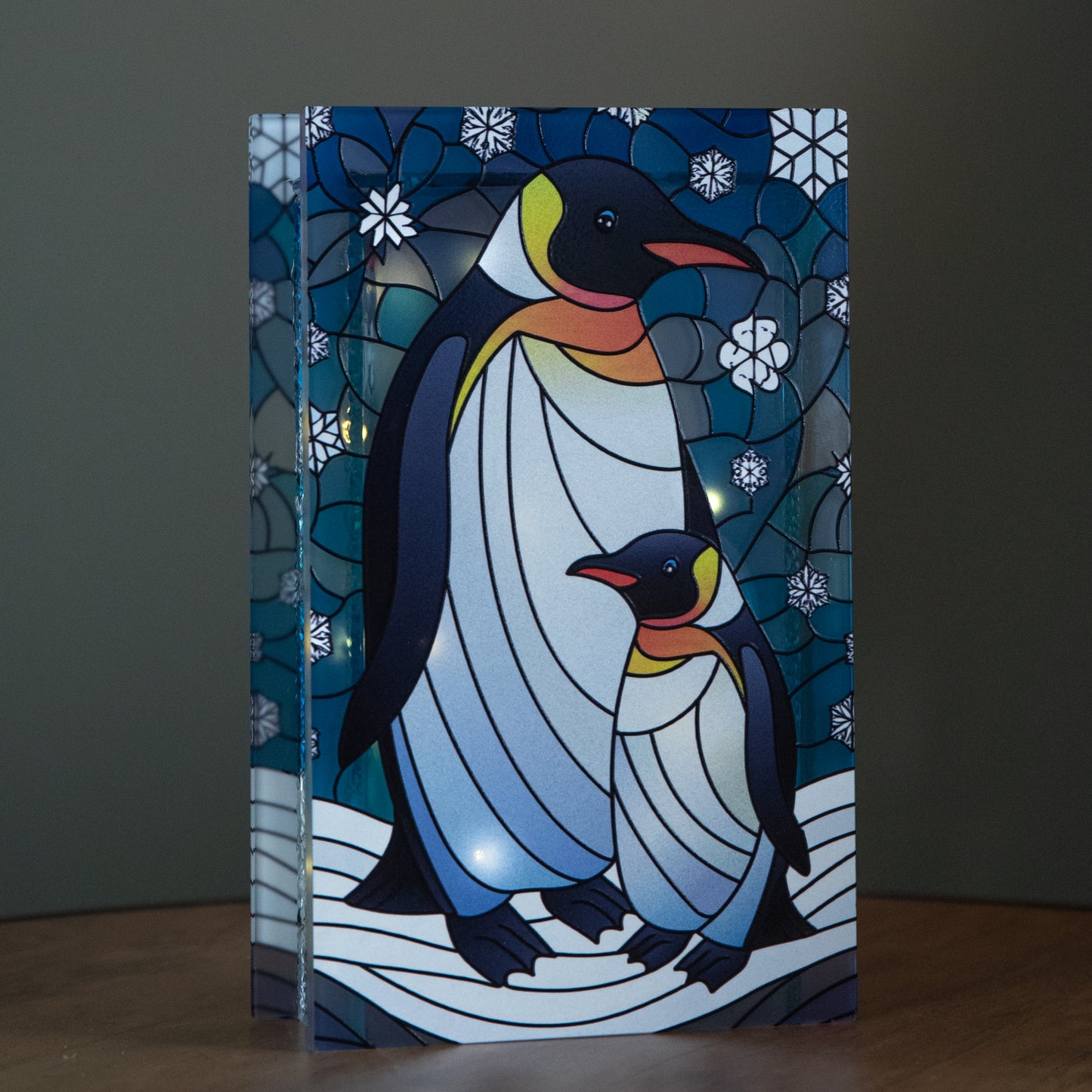 21cm Battery Operated Light up Double Sided Stained Glass Mother & Baby Penguin Decoration with LEDs