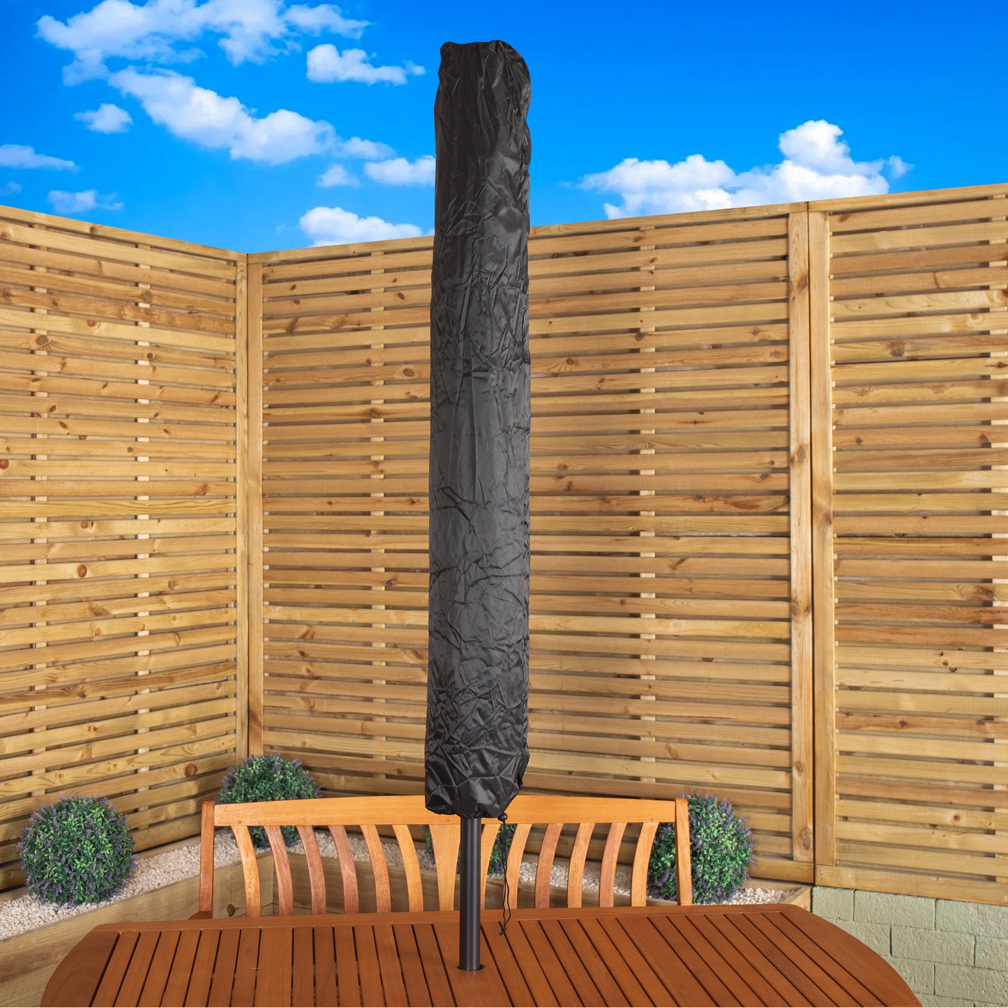 Outdoor 4 Person Rectangular Wooden Dining Table 2 Benches with Grey Havana Parasol & Base