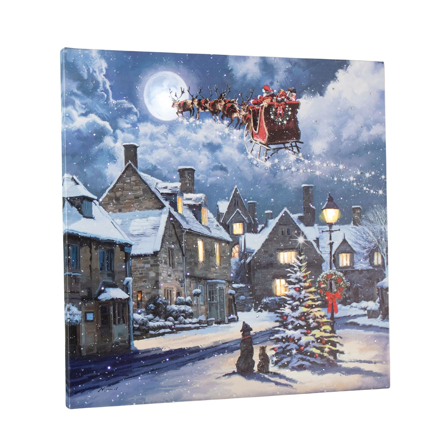 40 x 40cm Battery Operated Light up Christmas Santa & Dog Scene Wall Art with LEDs
